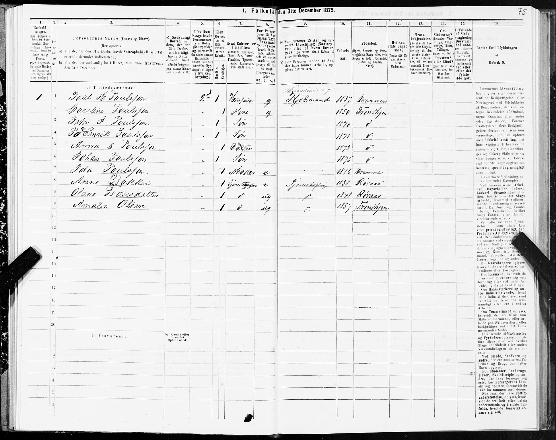 SAT, Folketelling 1875 for 1601 Trondheim kjøpstad, 1875, s. 1075