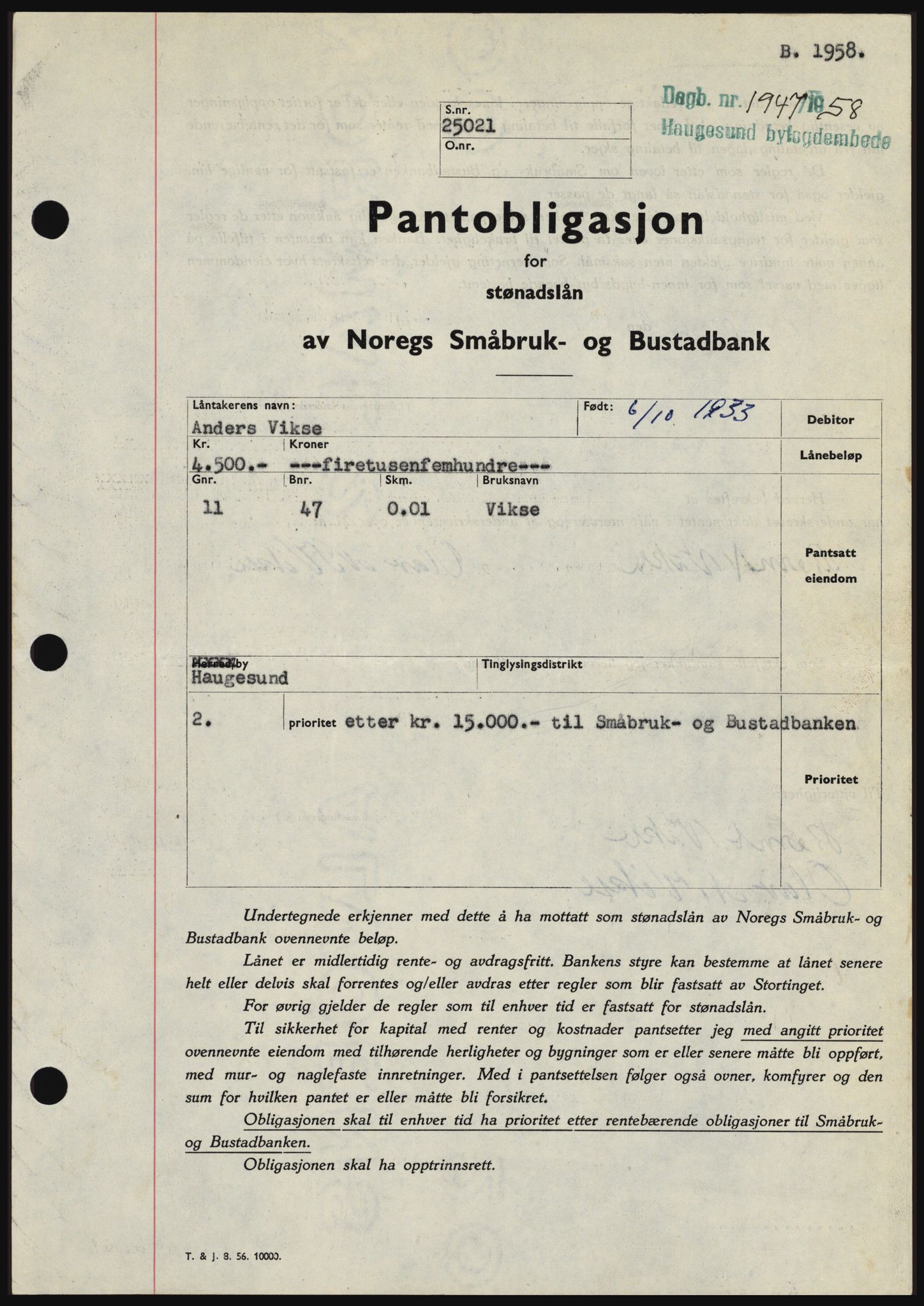 Haugesund tingrett, SAST/A-101415/01/II/IIC/L0044: Pantebok nr. B 44, 1958-1959, Dagboknr: 1947/1958