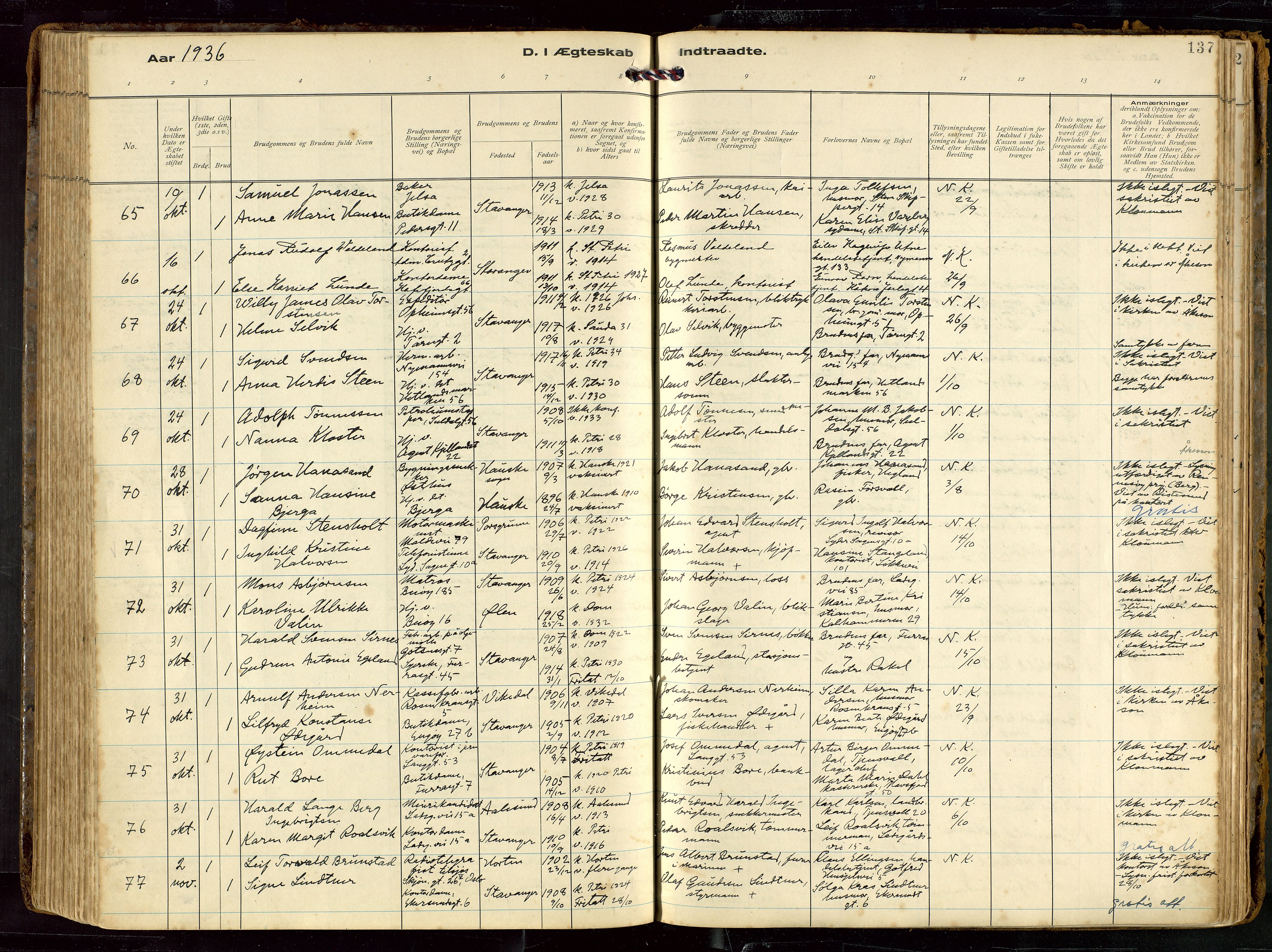 St. Petri sokneprestkontor, SAST/A-101813/002/D/L0002: Ministerialbok nr. A 27, 1921-1942, s. 137