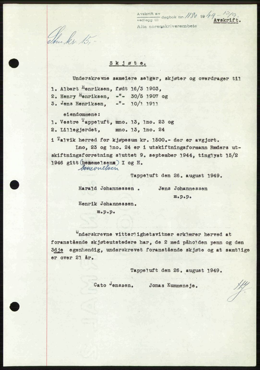 Alta fogderi/sorenskriveri, SATØ/SATØ-5/1/K/Kd/L0038pantebok: Pantebok nr. 41-42, 1949-1950, Dagboknr: 1180/1949