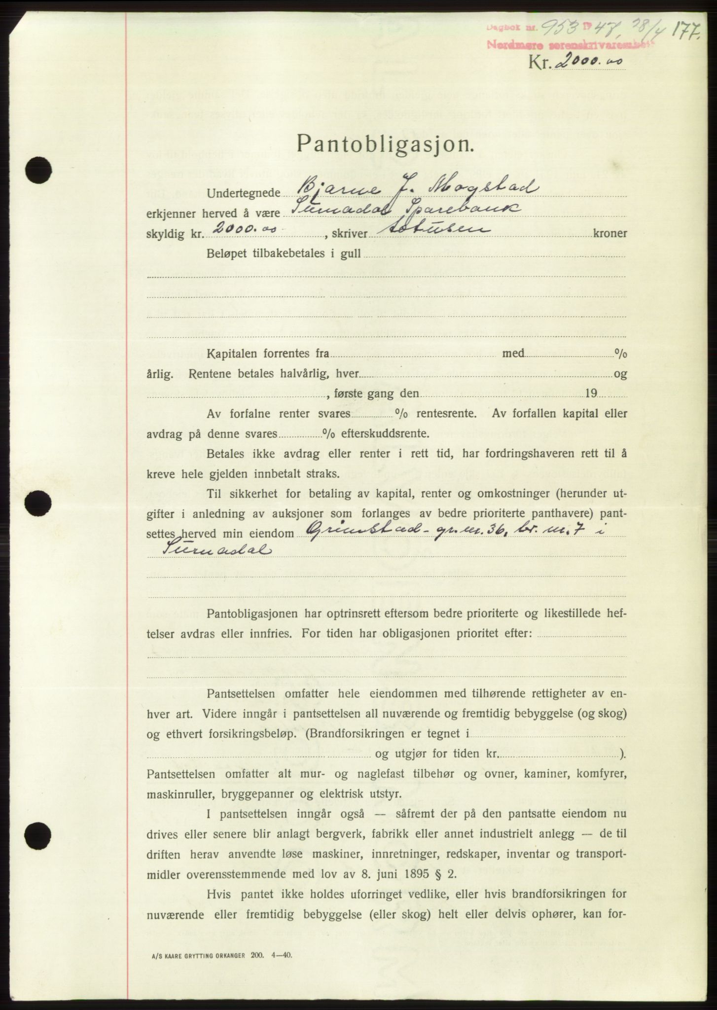 Nordmøre sorenskriveri, SAT/A-4132/1/2/2Ca: Pantebok nr. B96, 1947-1947, Dagboknr: 953/1947