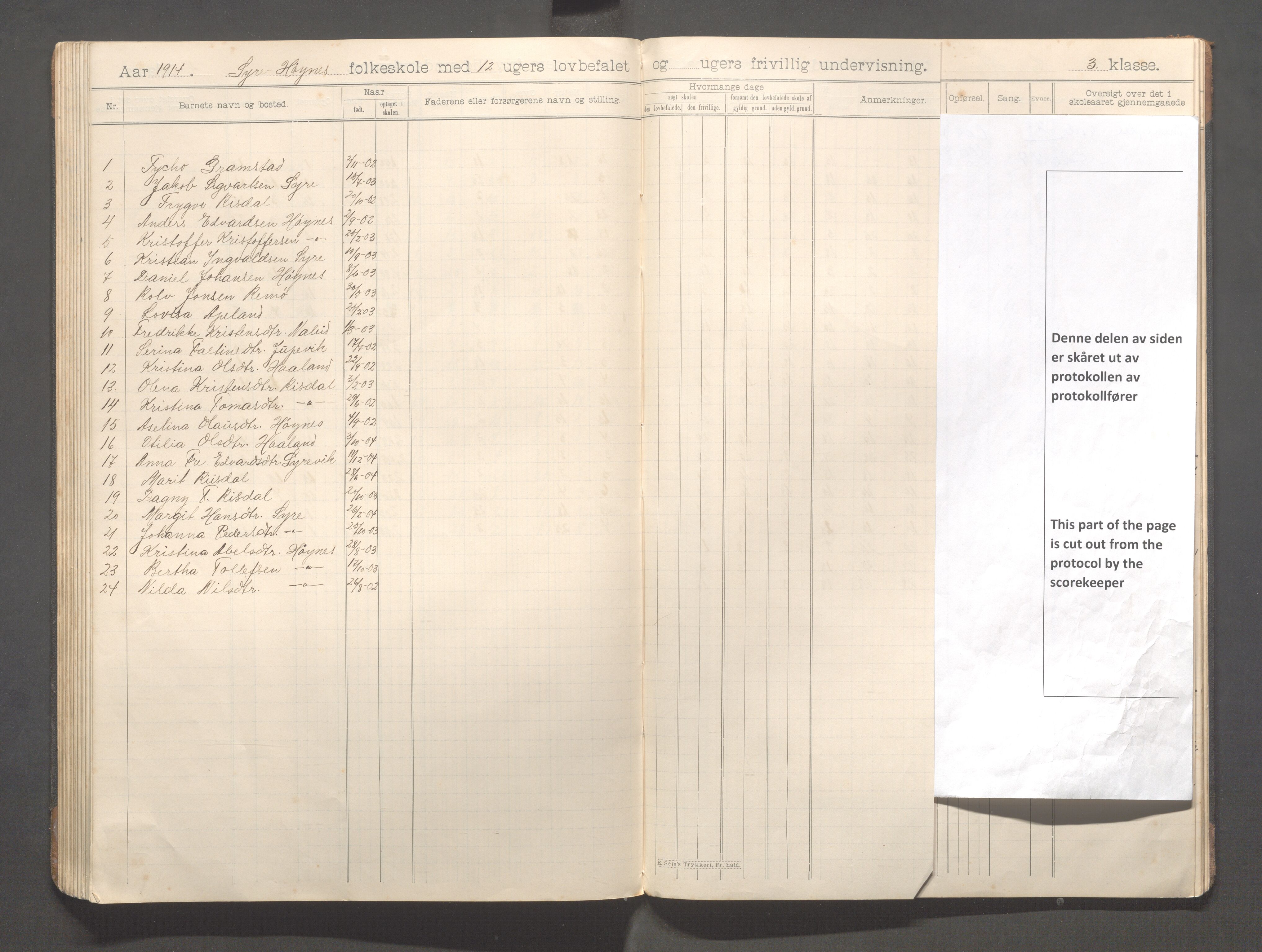 Skudenes kommune - Syre - Høynes skole, IKAR/A-307/H/L0006: Skoleprotokoll - Syre - Høynes 3.-5.kl., 1900-1916, s. 85