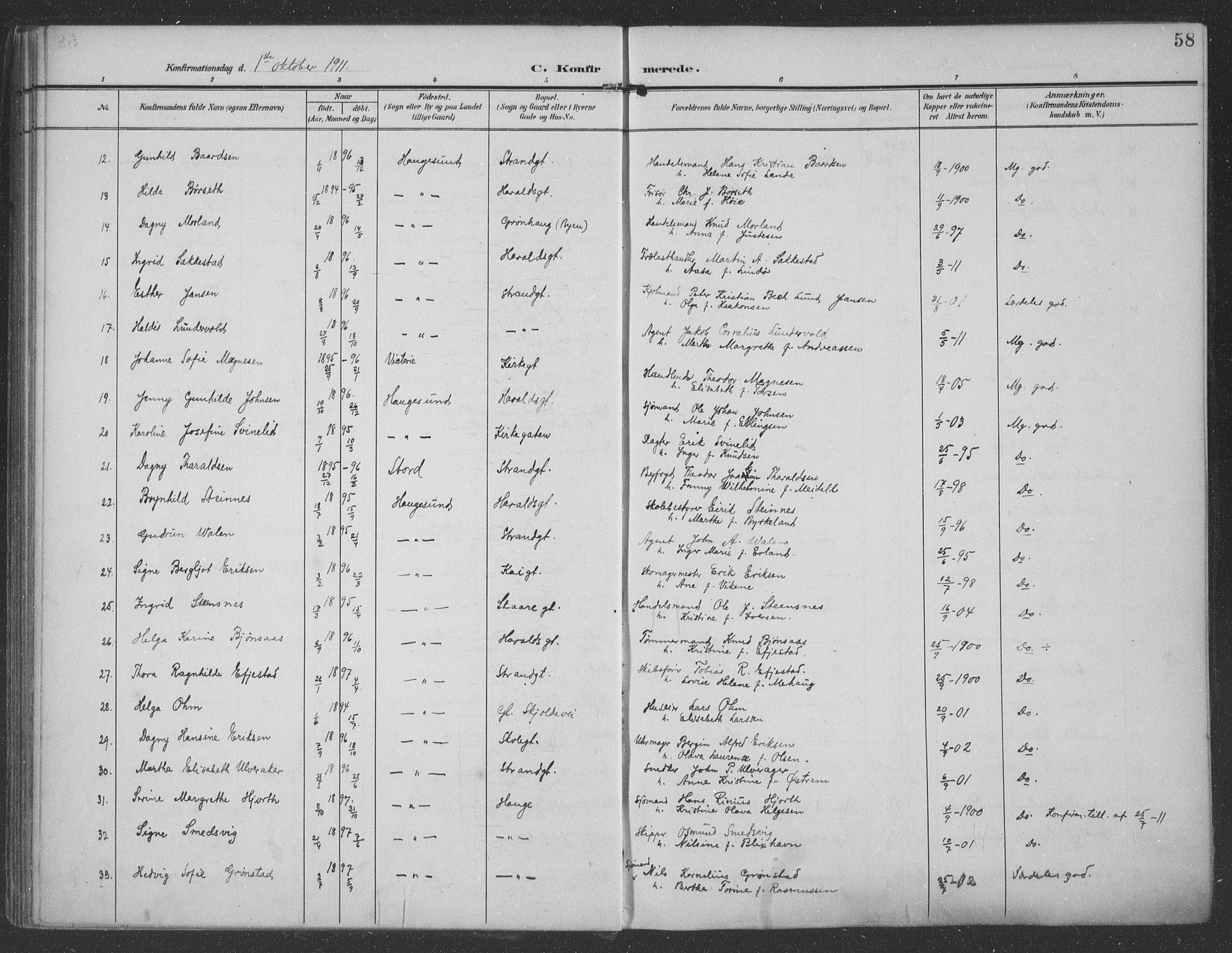 Haugesund sokneprestkontor, AV/SAST-A -101863/H/Ha/Haa/L0007: Ministerialbok nr. A 7, 1904-1916, s. 58