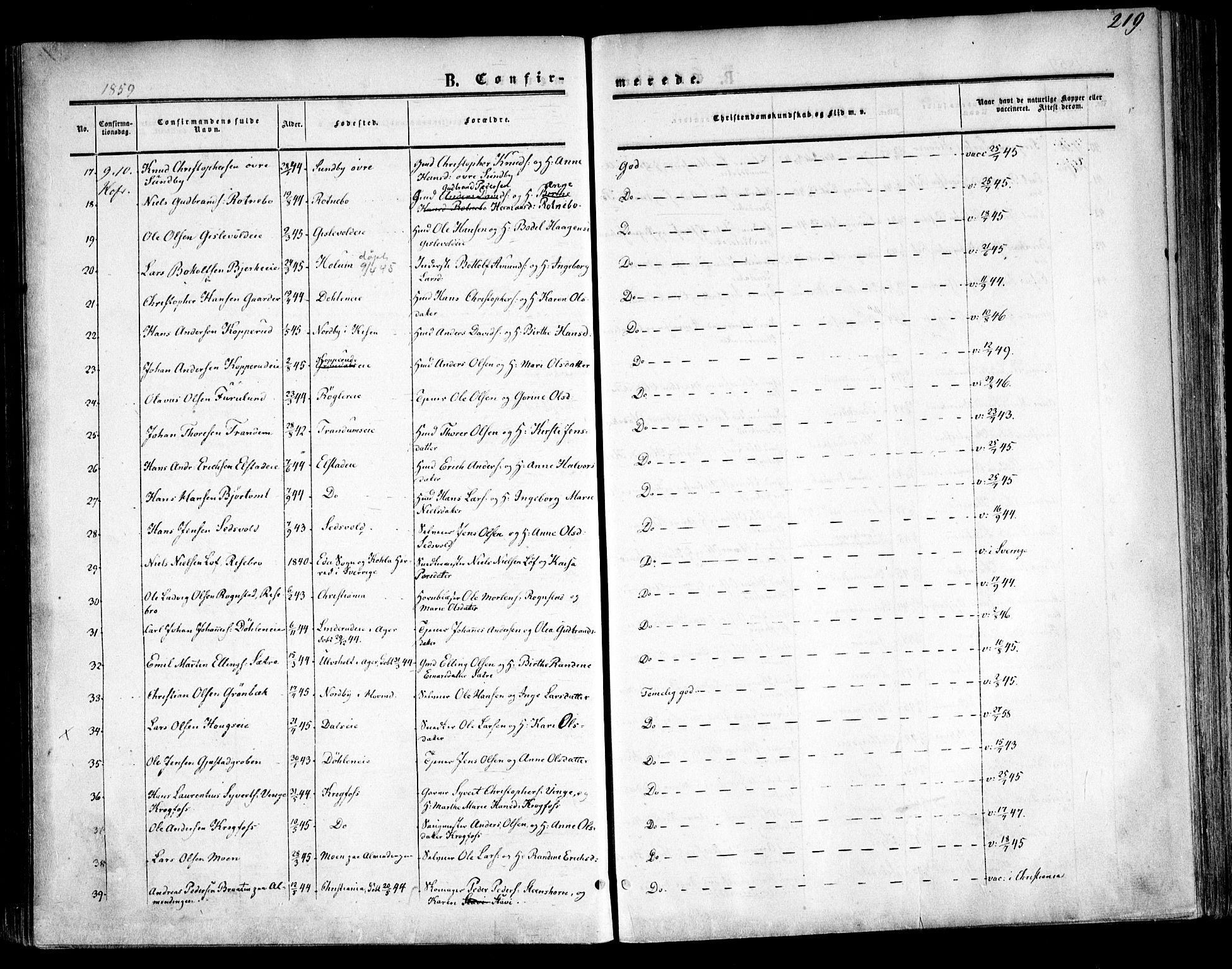 Ullensaker prestekontor Kirkebøker, AV/SAO-A-10236a/F/Fa/L0015.a: Ministerialbok nr. I 15A, 1851-1862, s. 219