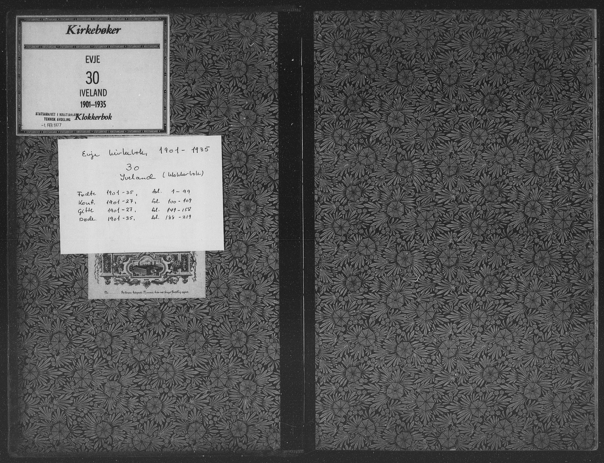 Evje sokneprestkontor, AV/SAK-1111-0008/F/Fb/Fbc/L0005: Klokkerbok nr. B 5, 1901-1935