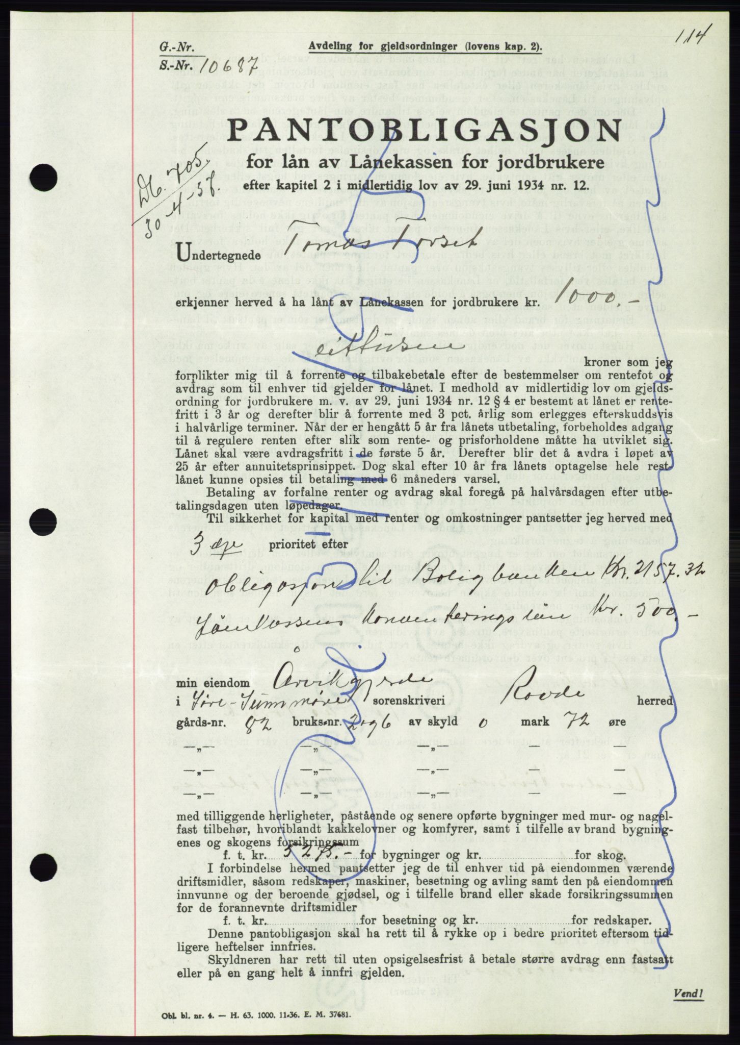 Søre Sunnmøre sorenskriveri, AV/SAT-A-4122/1/2/2C/L0063: Pantebok nr. 57, 1937-1937, Dagboknr: 705/1937