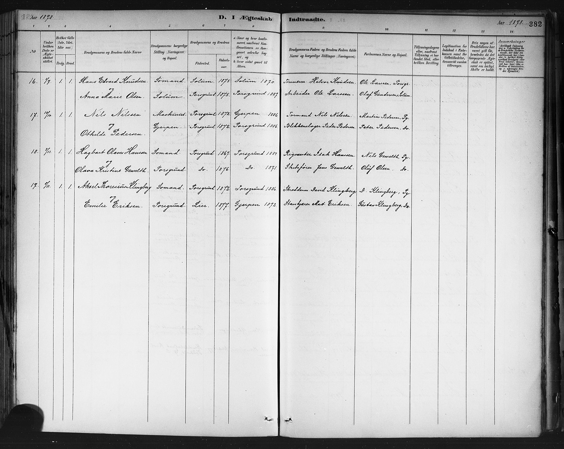 Porsgrunn kirkebøker , AV/SAKO-A-104/G/Gb/L0005: Klokkerbok nr. II 5, 1883-1915, s. 382