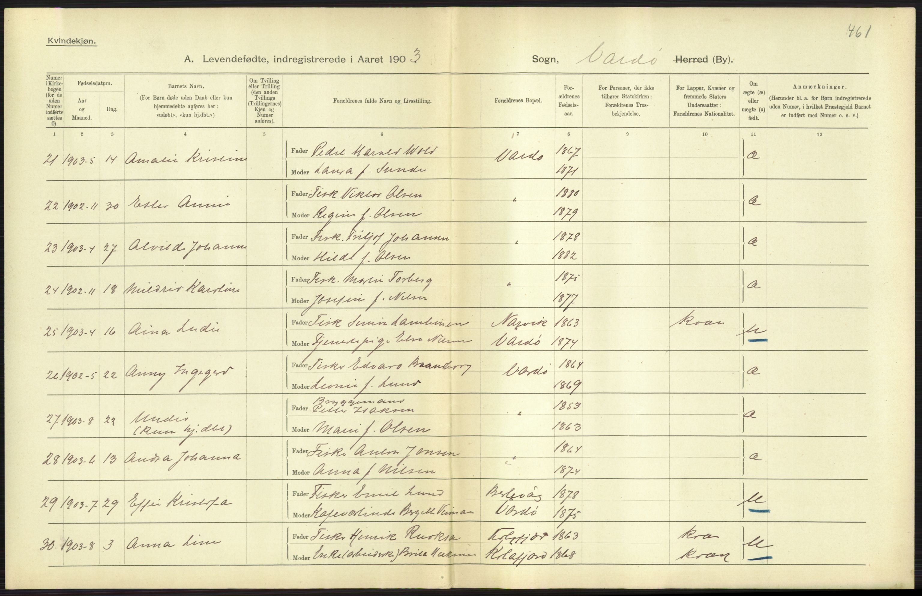 Statistisk sentralbyrå, Sosiodemografiske emner, Befolkning, AV/RA-S-2228/D/Df/Dfa/Dfaa/L0022: Finnmarkens amt: Fødte, gifte, døde., 1903, s. 139