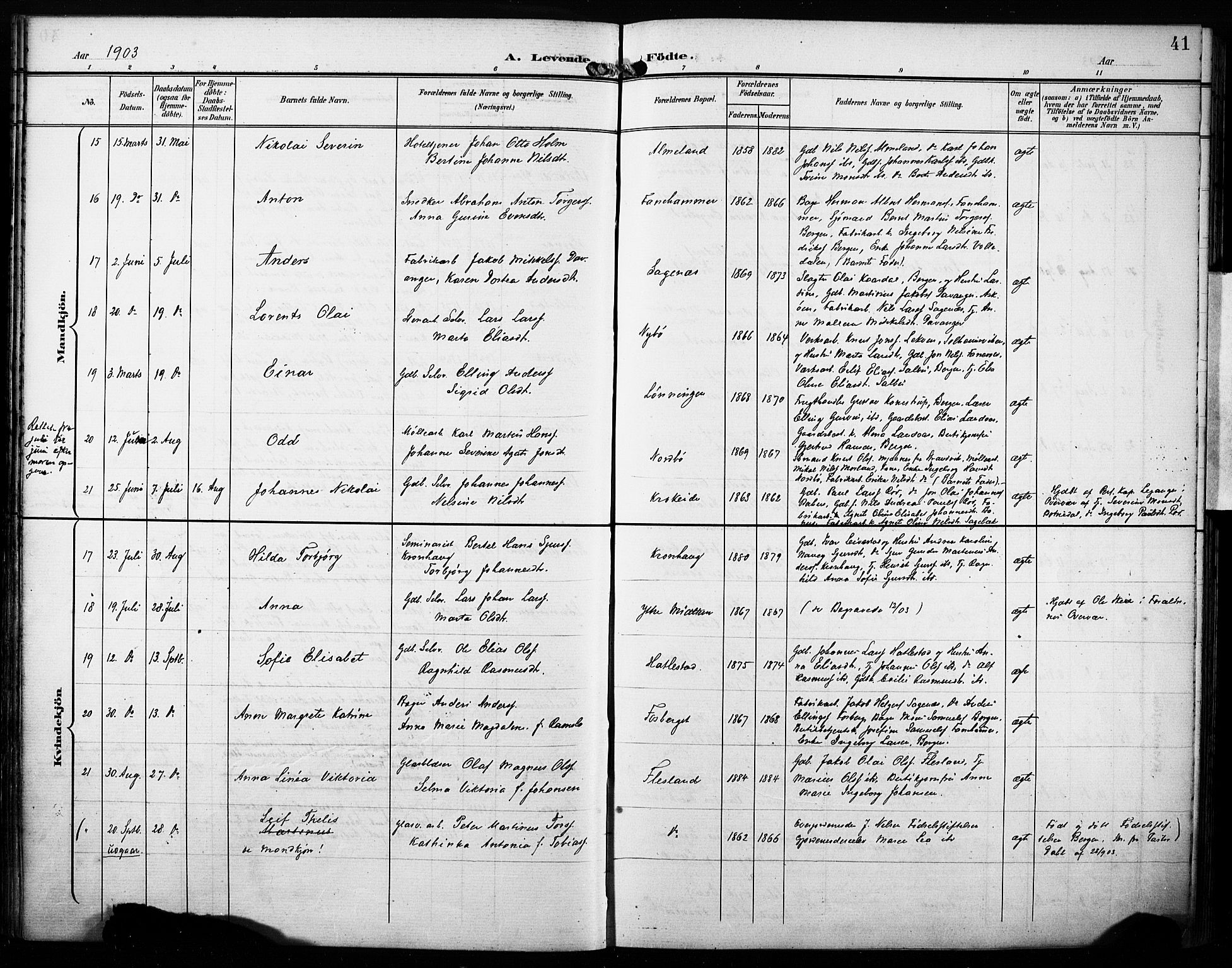 Fana Sokneprestembete, AV/SAB-A-75101/H/Haa/Haab/L0003: Ministerialbok nr. B 3, 1898-1907, s. 41