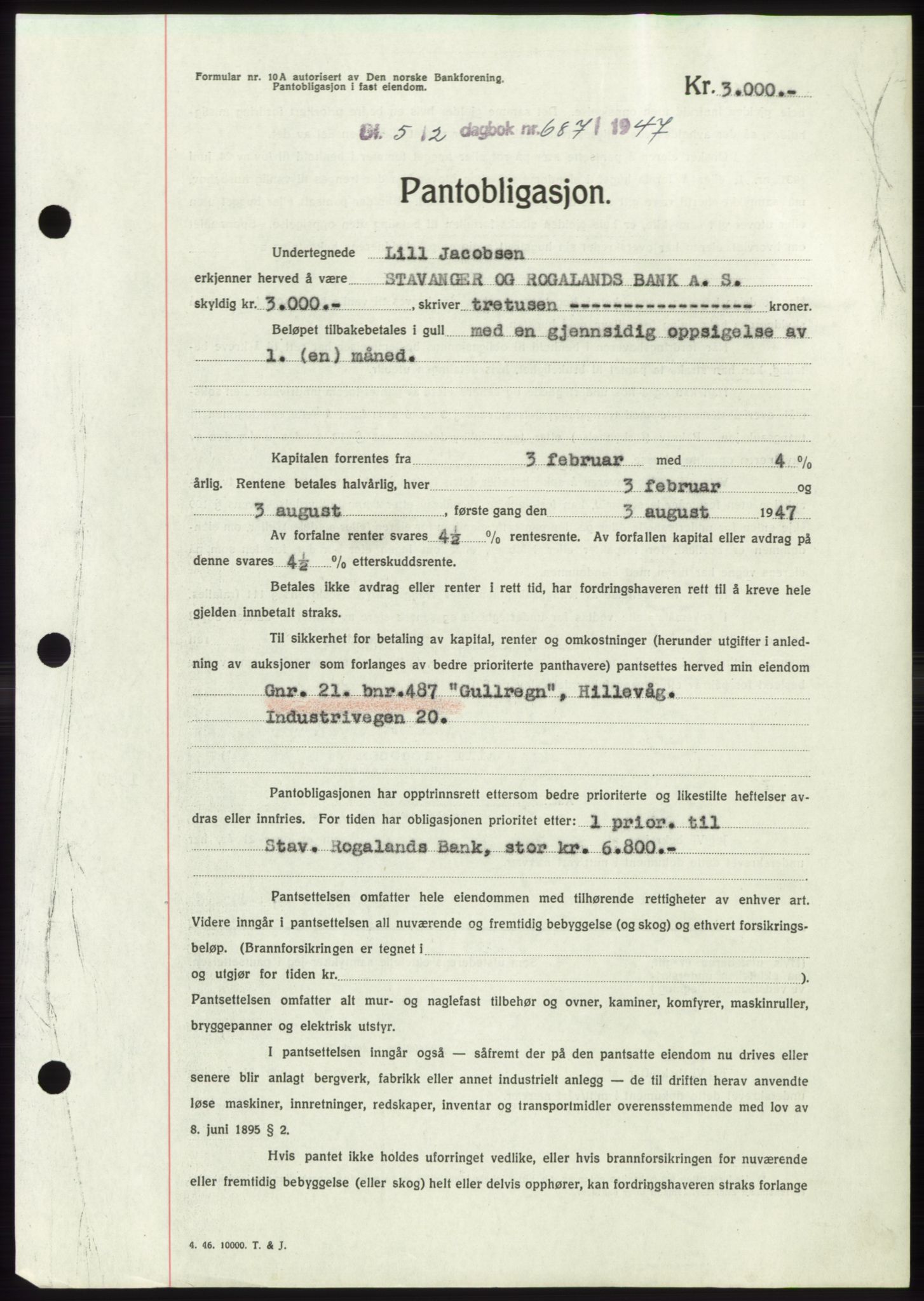 Jæren sorenskriveri, SAST/A-100310/03/G/Gba/L0093: Pantebok, 1947-1947, Dagboknr: 687/1947