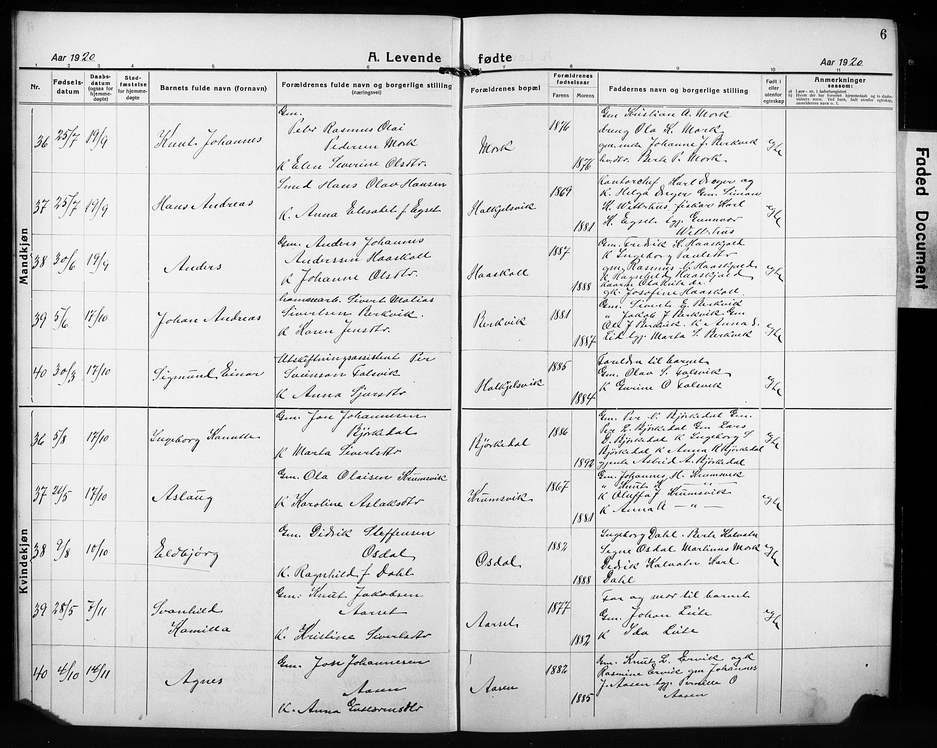 Ministerialprotokoller, klokkerbøker og fødselsregistre - Møre og Romsdal, AV/SAT-A-1454/511/L0160: Klokkerbok nr. 511C06, 1920-1932, s. 6