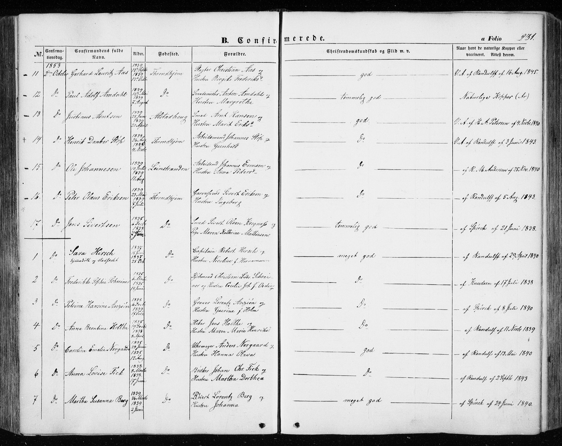 Ministerialprotokoller, klokkerbøker og fødselsregistre - Sør-Trøndelag, AV/SAT-A-1456/601/L0051: Ministerialbok nr. 601A19, 1848-1857, s. 231