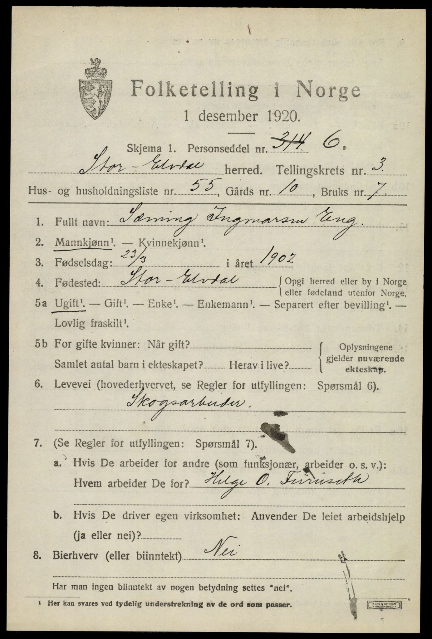 SAH, Folketelling 1920 for 0430 Stor-Elvdal herred, 1920, s. 3410