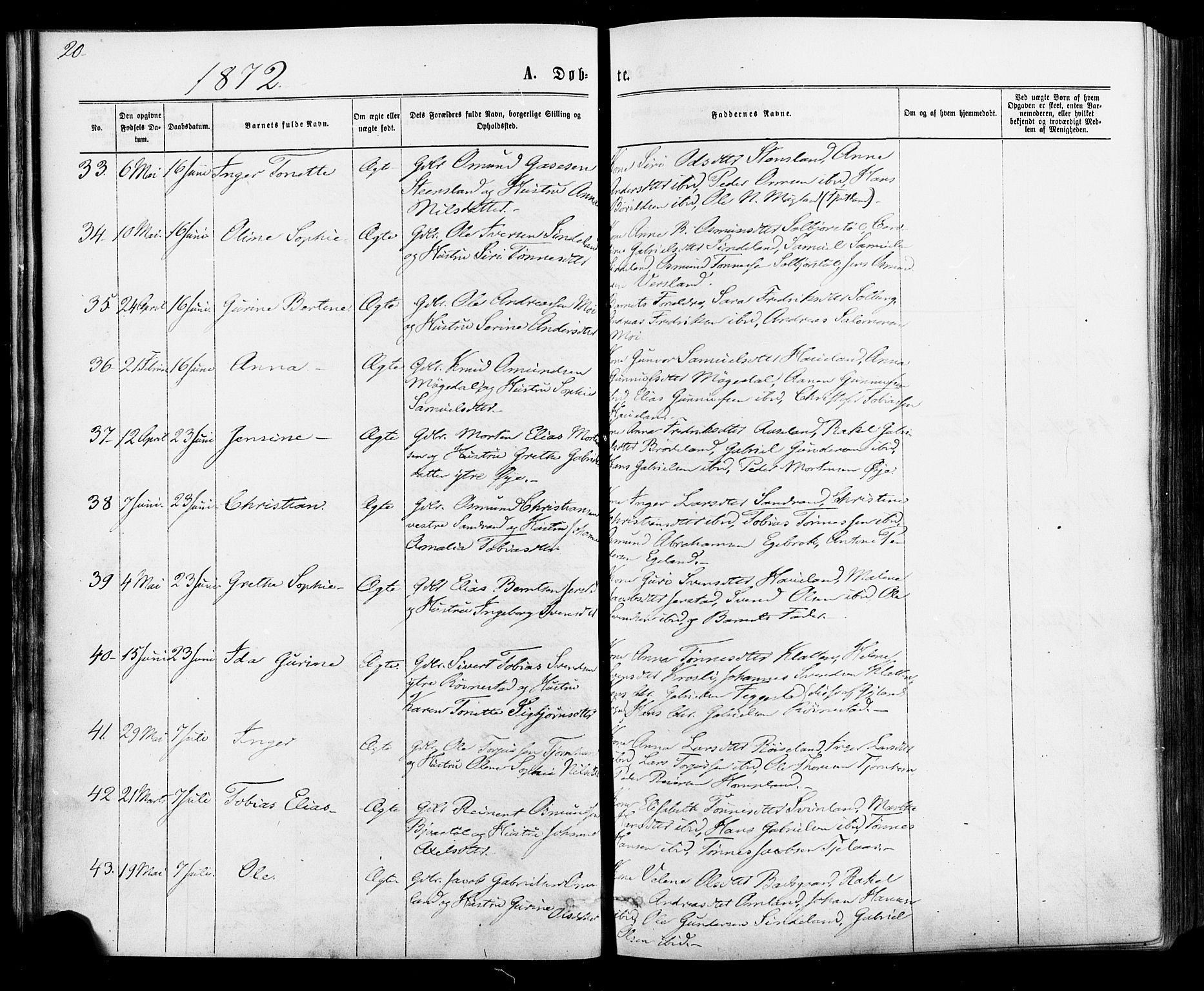 Kvinesdal sokneprestkontor, AV/SAK-1111-0026/F/Fa/Fab/L0007: Ministerialbok nr. A 7, 1870-1885, s. 20