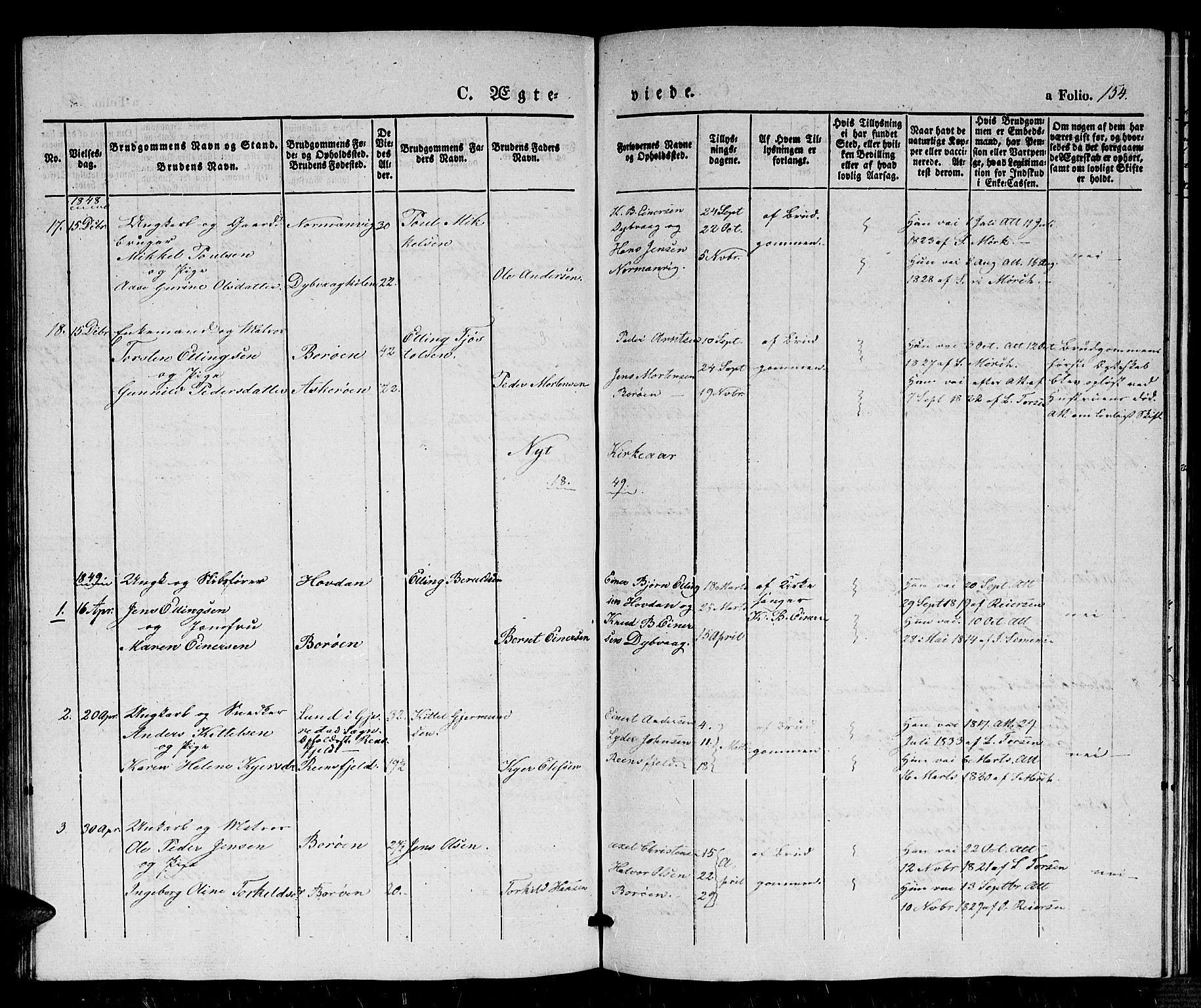 Dypvåg sokneprestkontor, AV/SAK-1111-0007/F/Fb/Fba/L0010: Klokkerbok nr. B 10, 1842-1857, s. 154