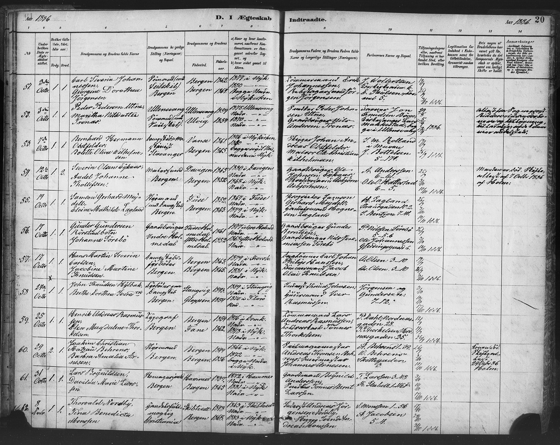 Nykirken Sokneprestembete, AV/SAB-A-77101/H/Haa/L0033: Ministerialbok nr. D 3, 1884-1895, s. 20