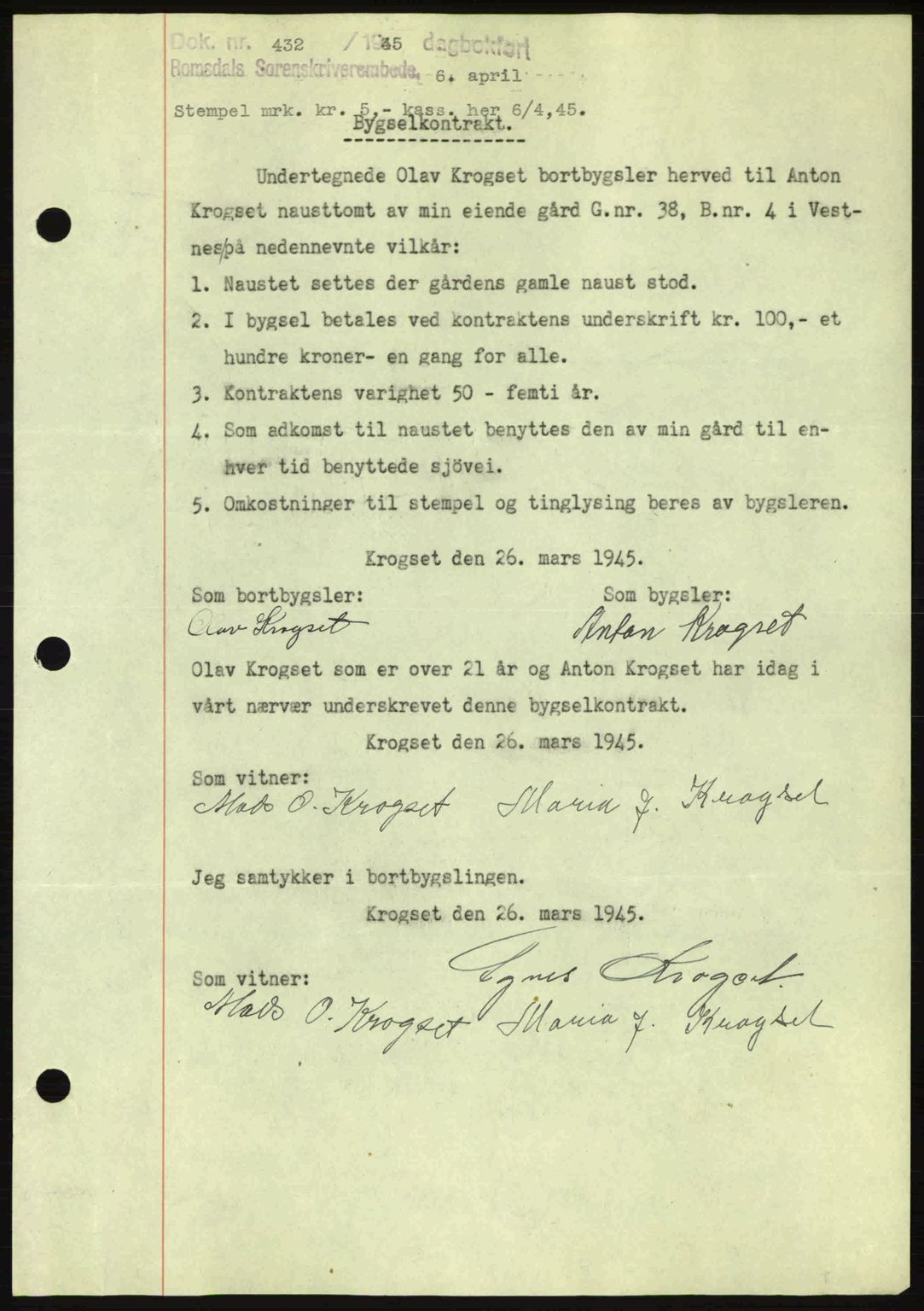 Romsdal sorenskriveri, SAT/A-4149/1/2/2C: Pantebok nr. A17, 1944-1945, Dagboknr: 432/1945