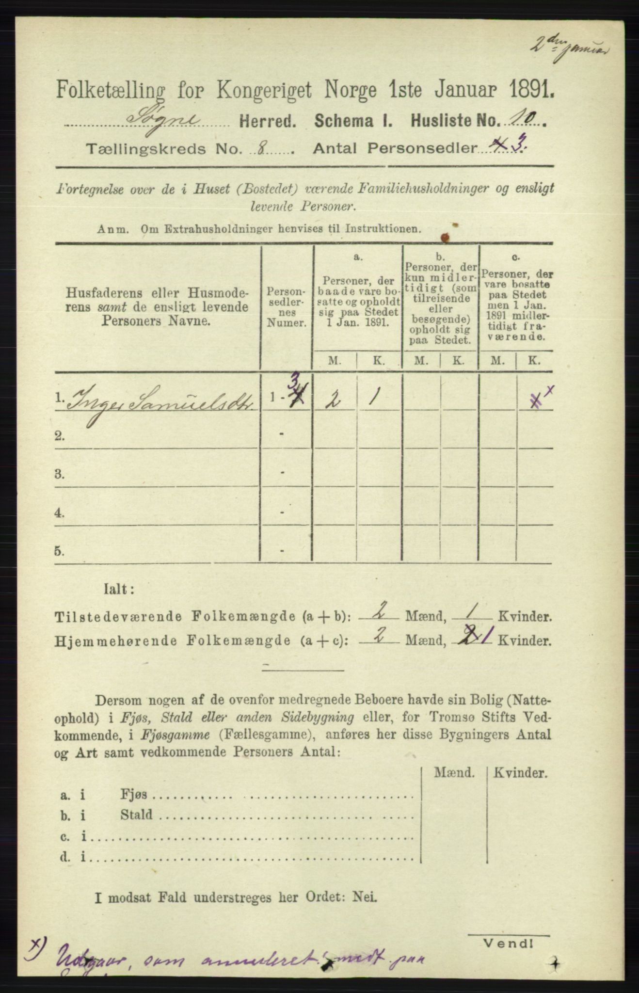 RA, Folketelling 1891 for 1018 Søgne herred, 1891, s. 2177