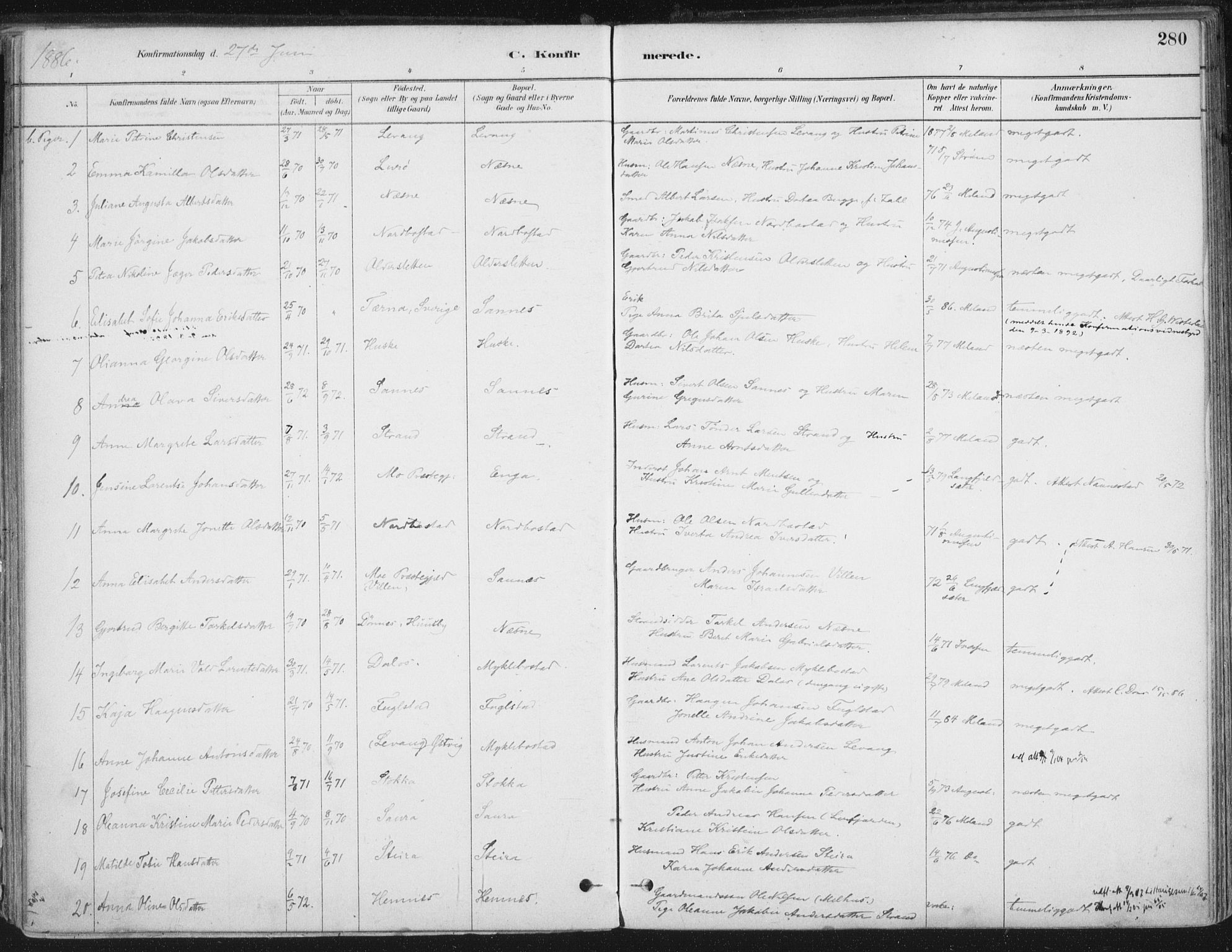 Ministerialprotokoller, klokkerbøker og fødselsregistre - Nordland, SAT/A-1459/838/L0552: Ministerialbok nr. 838A10, 1880-1910, s. 280