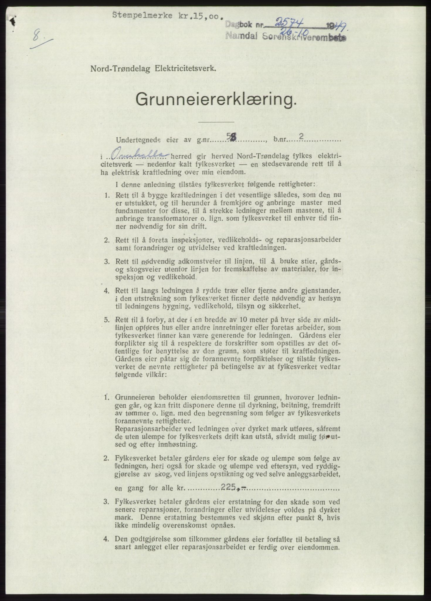 Namdal sorenskriveri, SAT/A-4133/1/2/2C: Pantebok nr. -, 1949-1949, Dagboknr: 2574/1949