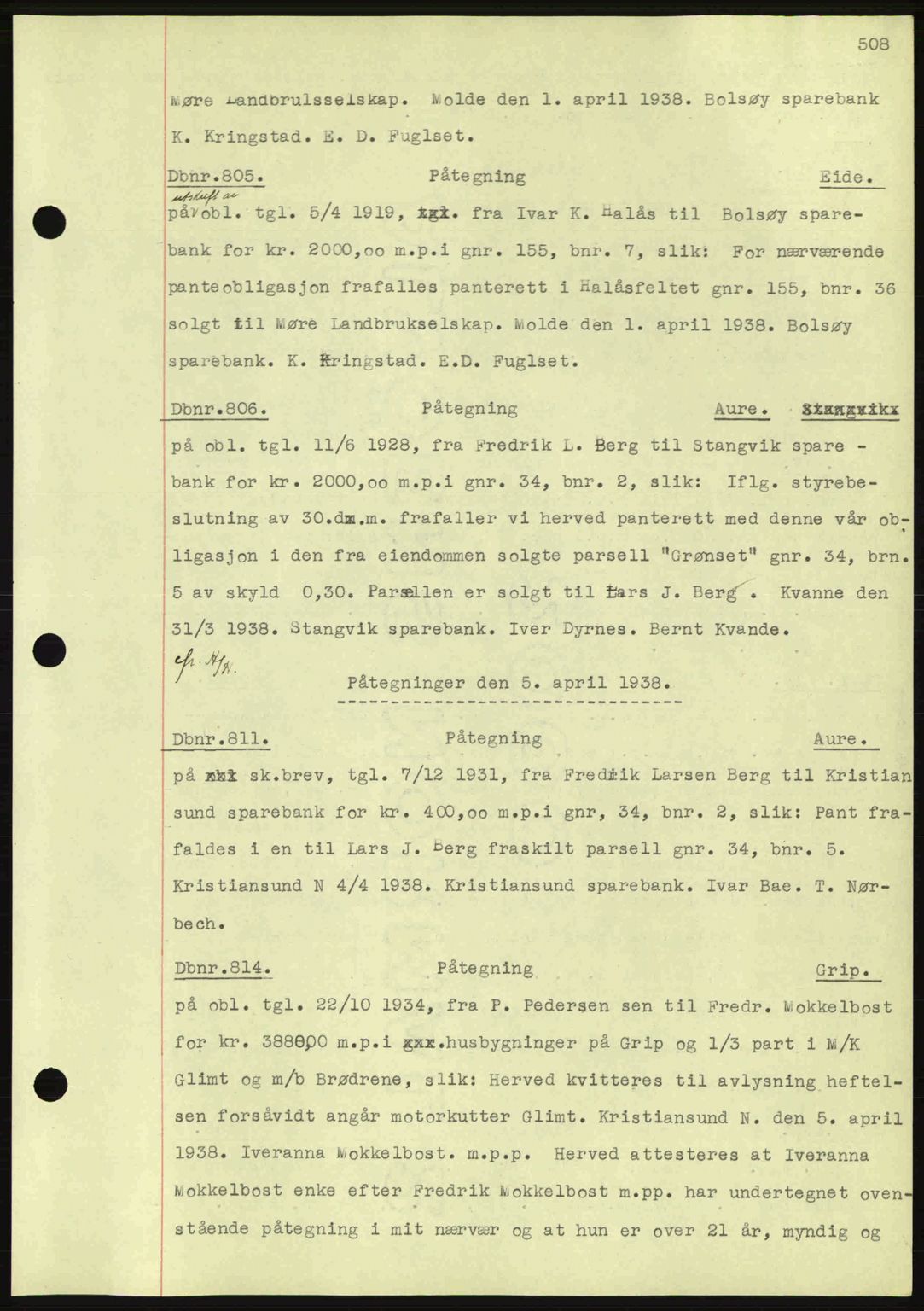 Nordmøre sorenskriveri, SAT/A-4132/1/2/2Ca: Pantebok nr. C80, 1936-1939, Dagboknr: 805/1938