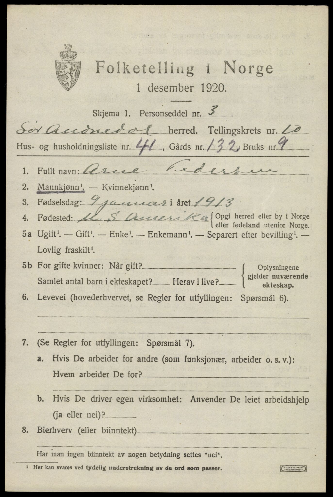 SAK, Folketelling 1920 for 1029 Sør-Audnedal herred, 1920, s. 4187