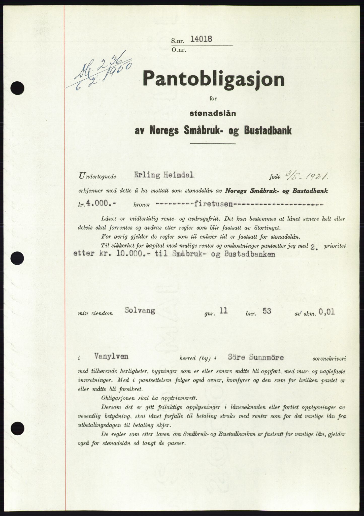 Søre Sunnmøre sorenskriveri, SAT/A-4122/1/2/2C/L0118: Pantebok nr. 6B, 1949-1950, Dagboknr: 236/1950