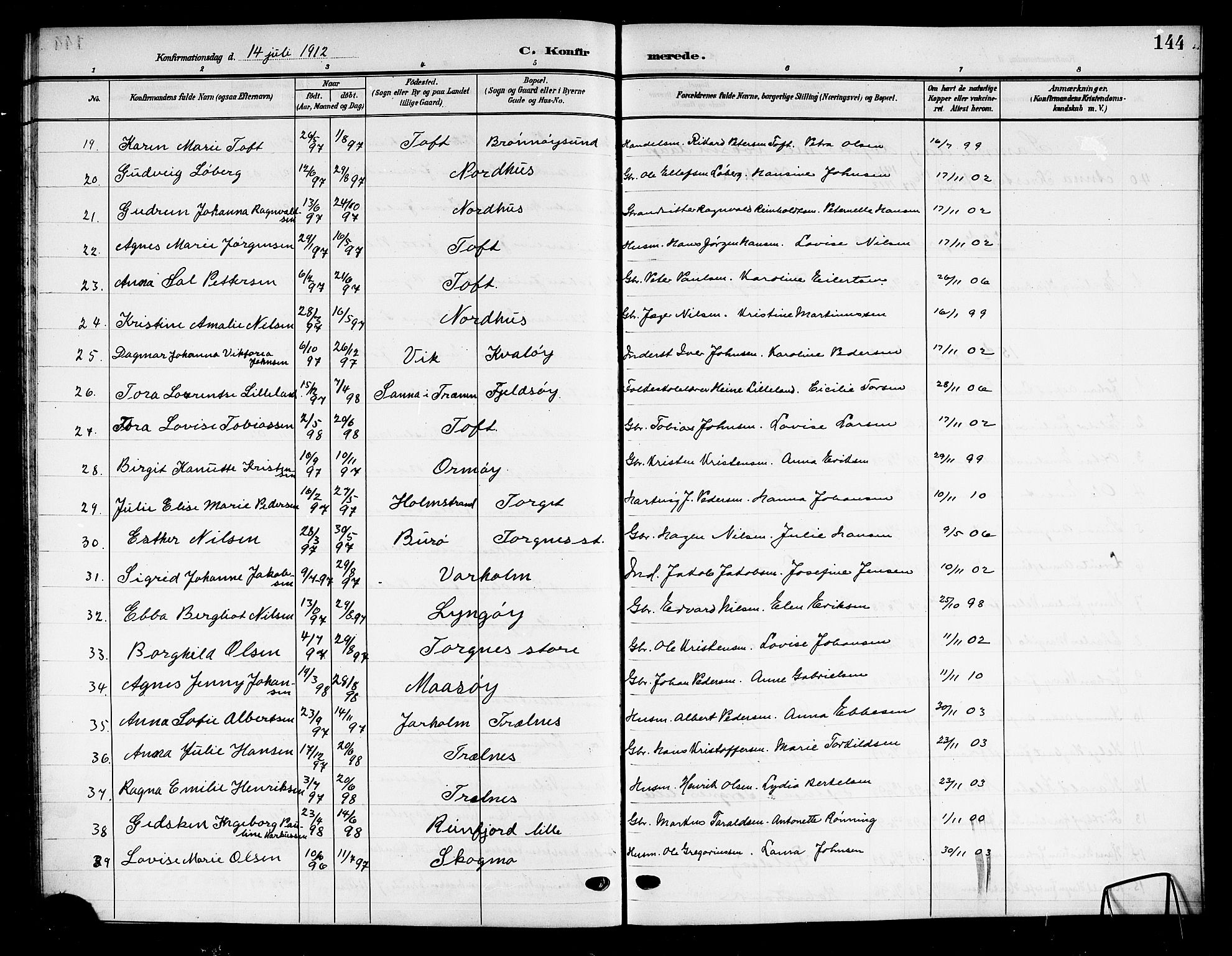 Ministerialprotokoller, klokkerbøker og fødselsregistre - Nordland, SAT/A-1459/813/L0214: Klokkerbok nr. 813C06, 1904-1917, s. 144