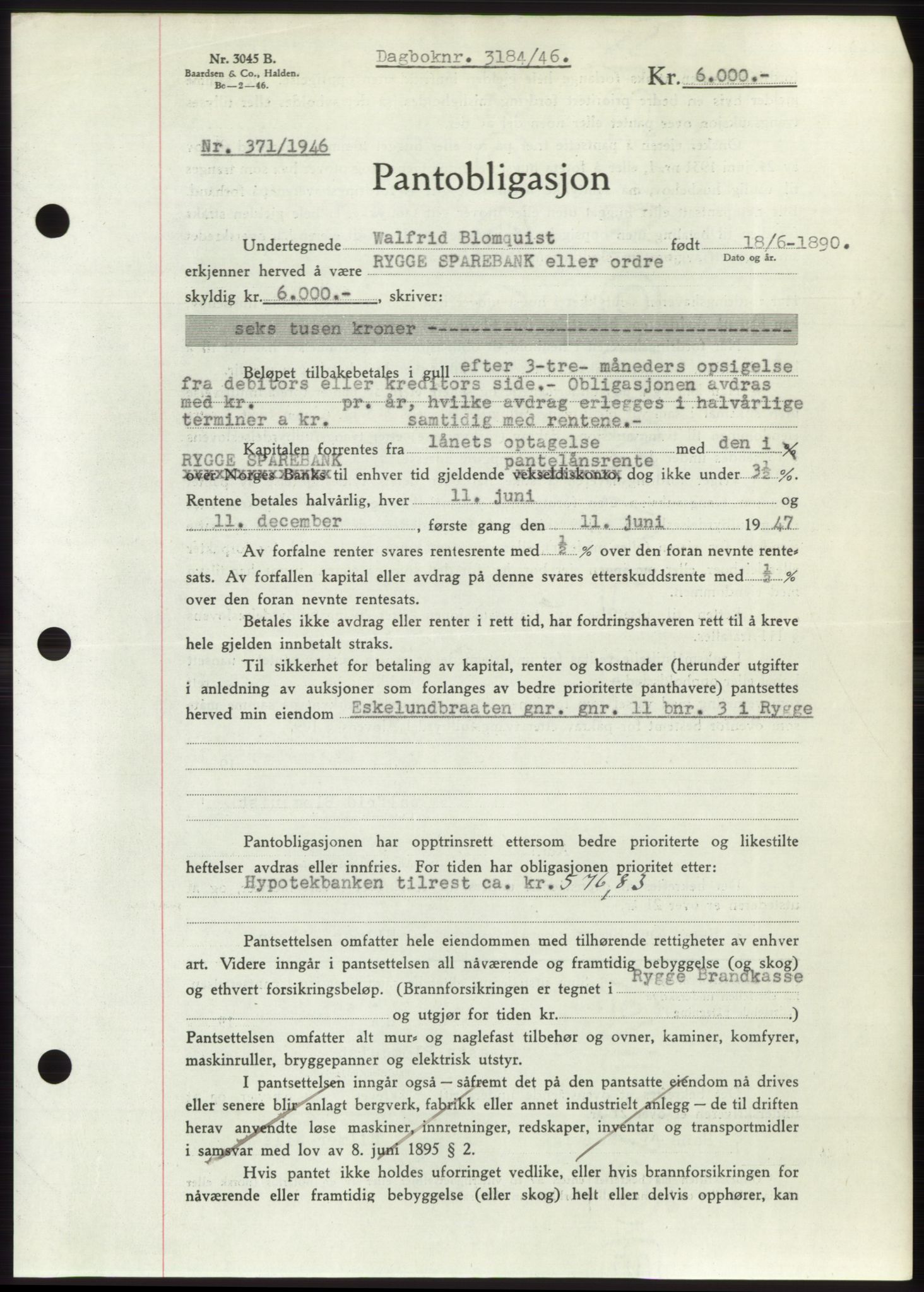 Moss sorenskriveri, SAO/A-10168: Pantebok nr. B16, 1946-1947, Dagboknr: 3184/1946