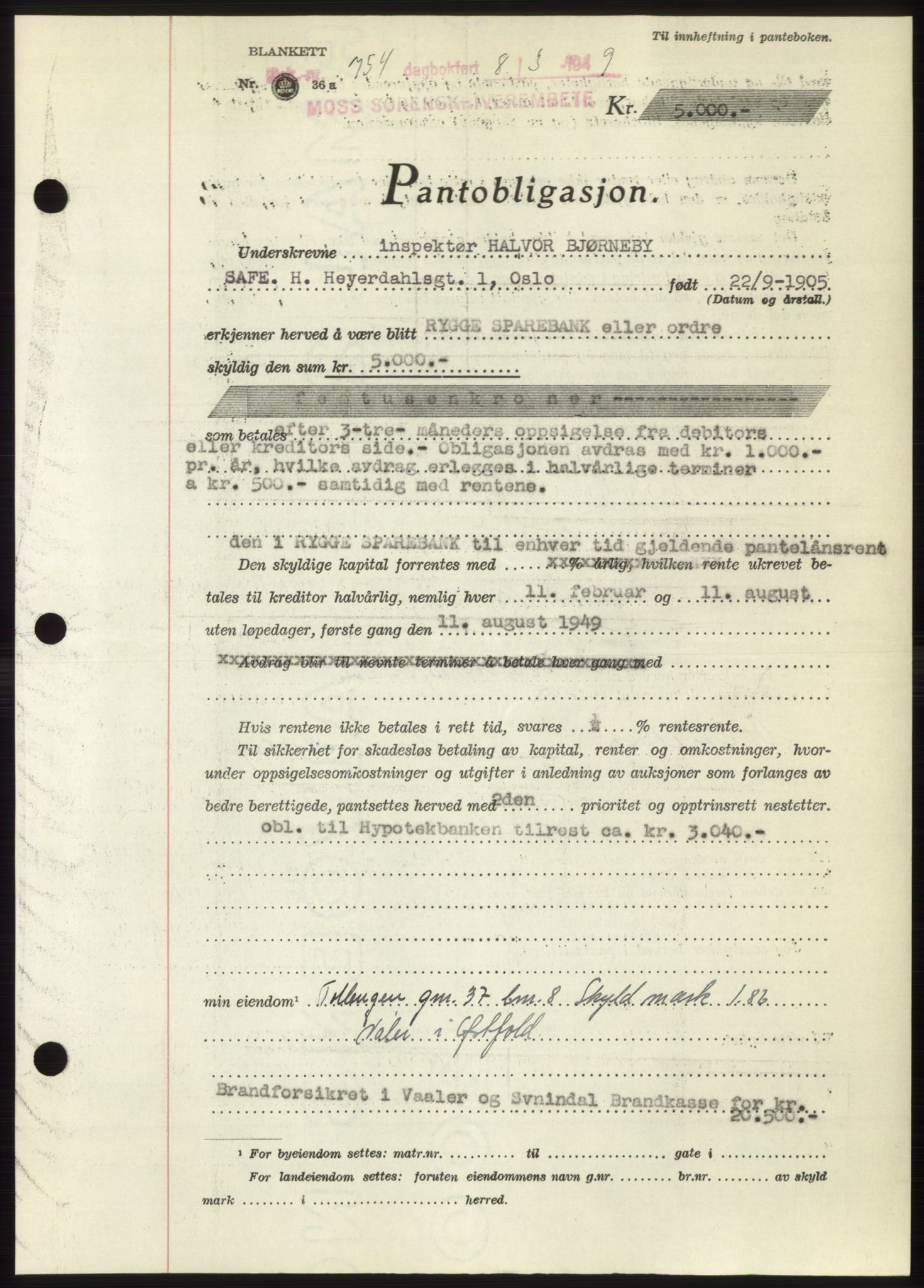 Moss sorenskriveri, SAO/A-10168: Pantebok nr. B21, 1949-1949, Dagboknr: 754/1949