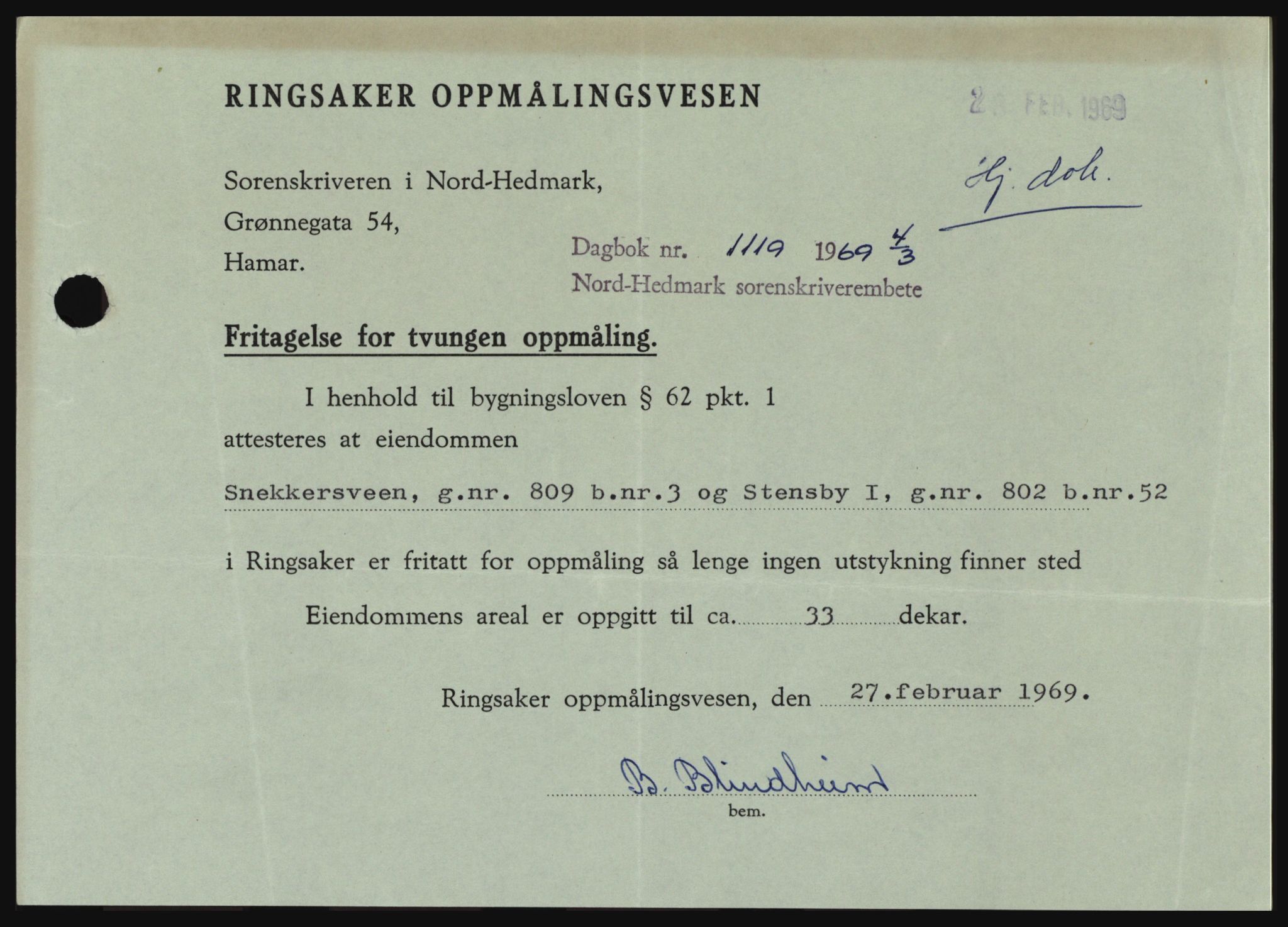 Nord-Hedmark sorenskriveri, SAH/TING-012/H/Hc/L0030: Pantebok nr. 30, 1969-1969, Dagboknr: 1119/1969