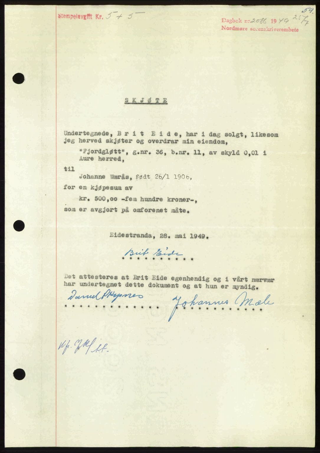Nordmøre sorenskriveri, SAT/A-4132/1/2/2Ca: Pantebok nr. A112, 1949-1949, Dagboknr: 2086/1949