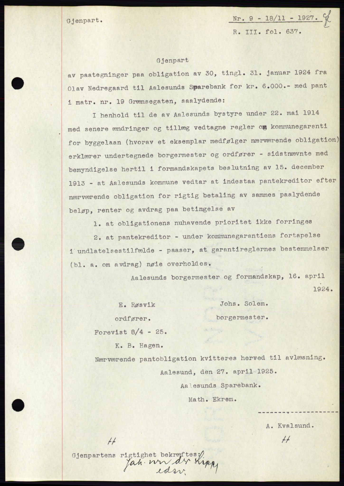 Ålesund byfogd, AV/SAT-A-4384: Pantebok nr. 22, 1927-1927, Tingl.dato: 18.11.1927