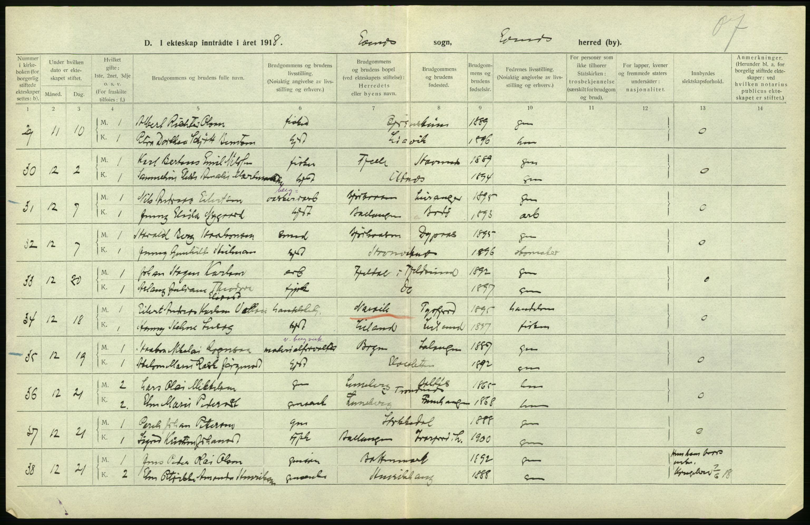 Statistisk sentralbyrå, Sosiodemografiske emner, Befolkning, AV/RA-S-2228/D/Df/Dfb/Dfbh/L0054: Nordland fylke: Gifte, dødfødte. Bygder og byer., 1918, s. 202