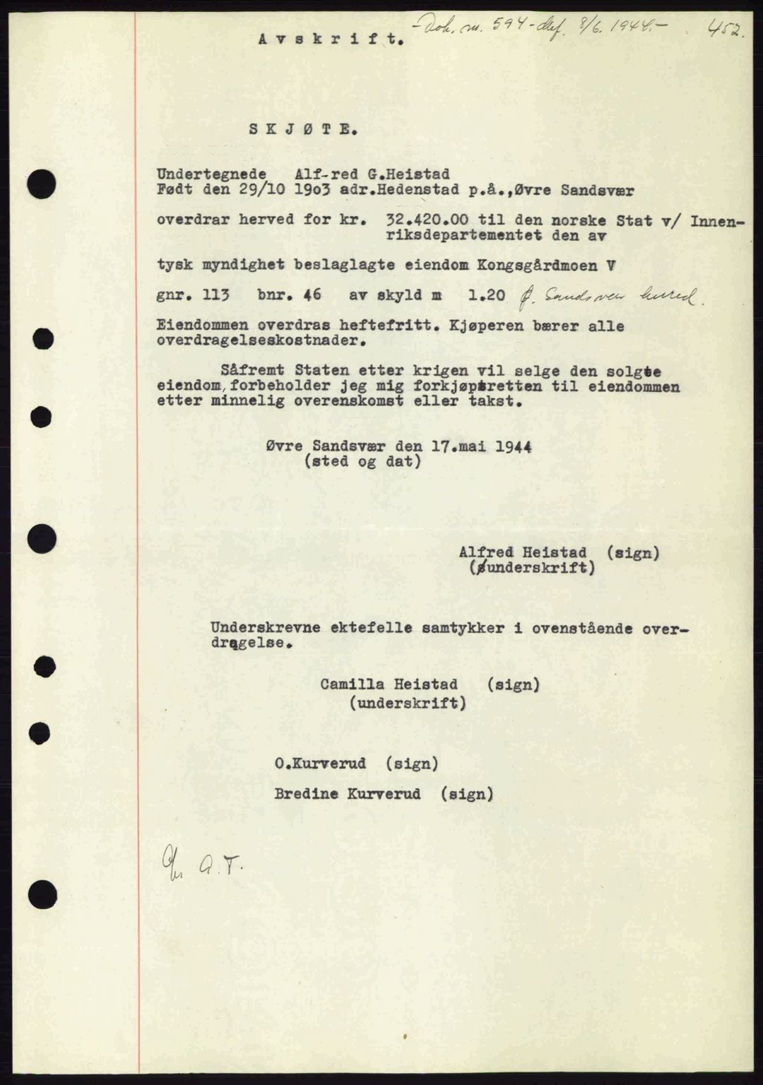 Numedal og Sandsvær sorenskriveri, SAKO/A-128/G/Ga/Gaa/L0055: Pantebok nr. A7, 1943-1944, Dagboknr: 594/1944