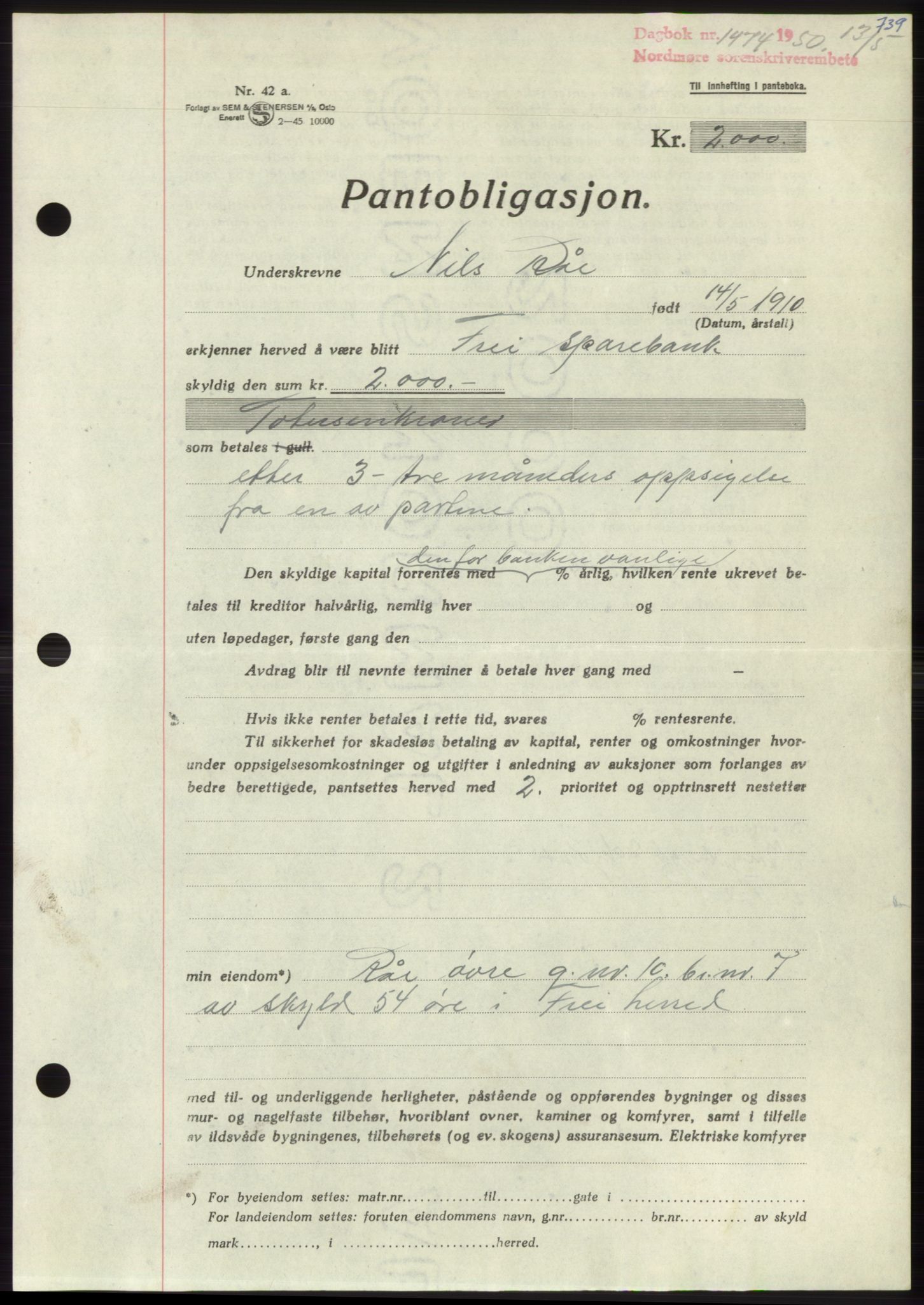 Nordmøre sorenskriveri, SAT/A-4132/1/2/2Ca: Pantebok nr. B104, 1950-1950, Dagboknr: 1474/1950