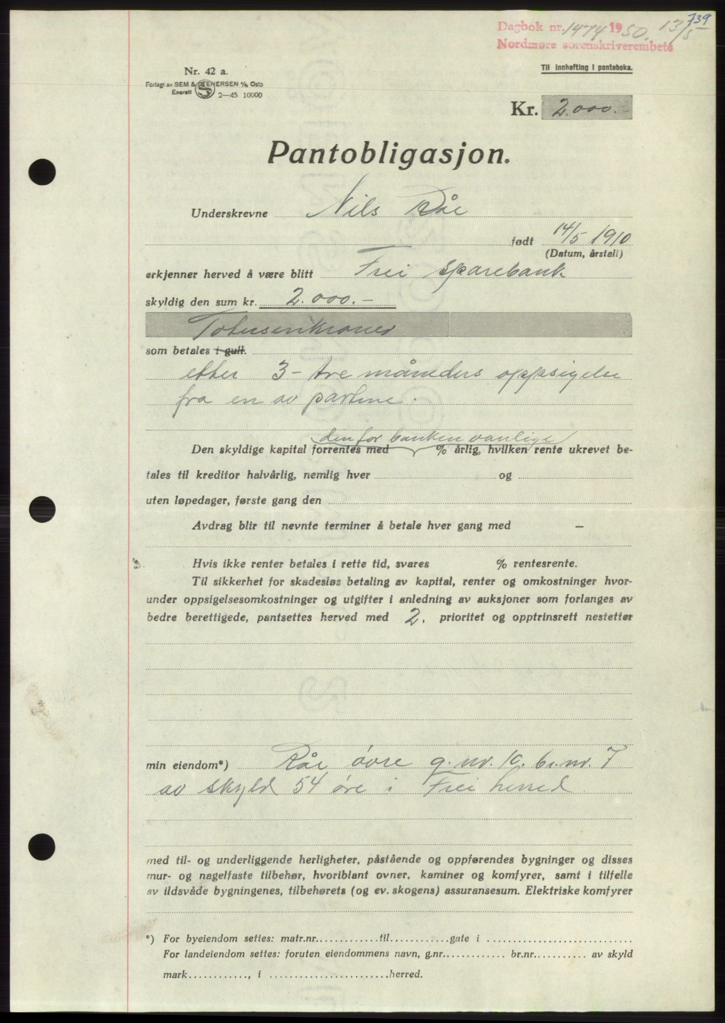 Nordmøre sorenskriveri, AV/SAT-A-4132/1/2/2Ca: Pantebok nr. B104, 1950-1950, Dagboknr: 1474/1950