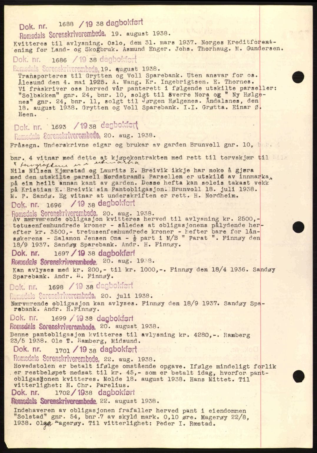 Romsdal sorenskriveri, AV/SAT-A-4149/1/2/2C: Pantebok nr. C1a, 1936-1945, Dagboknr: 1688/1938