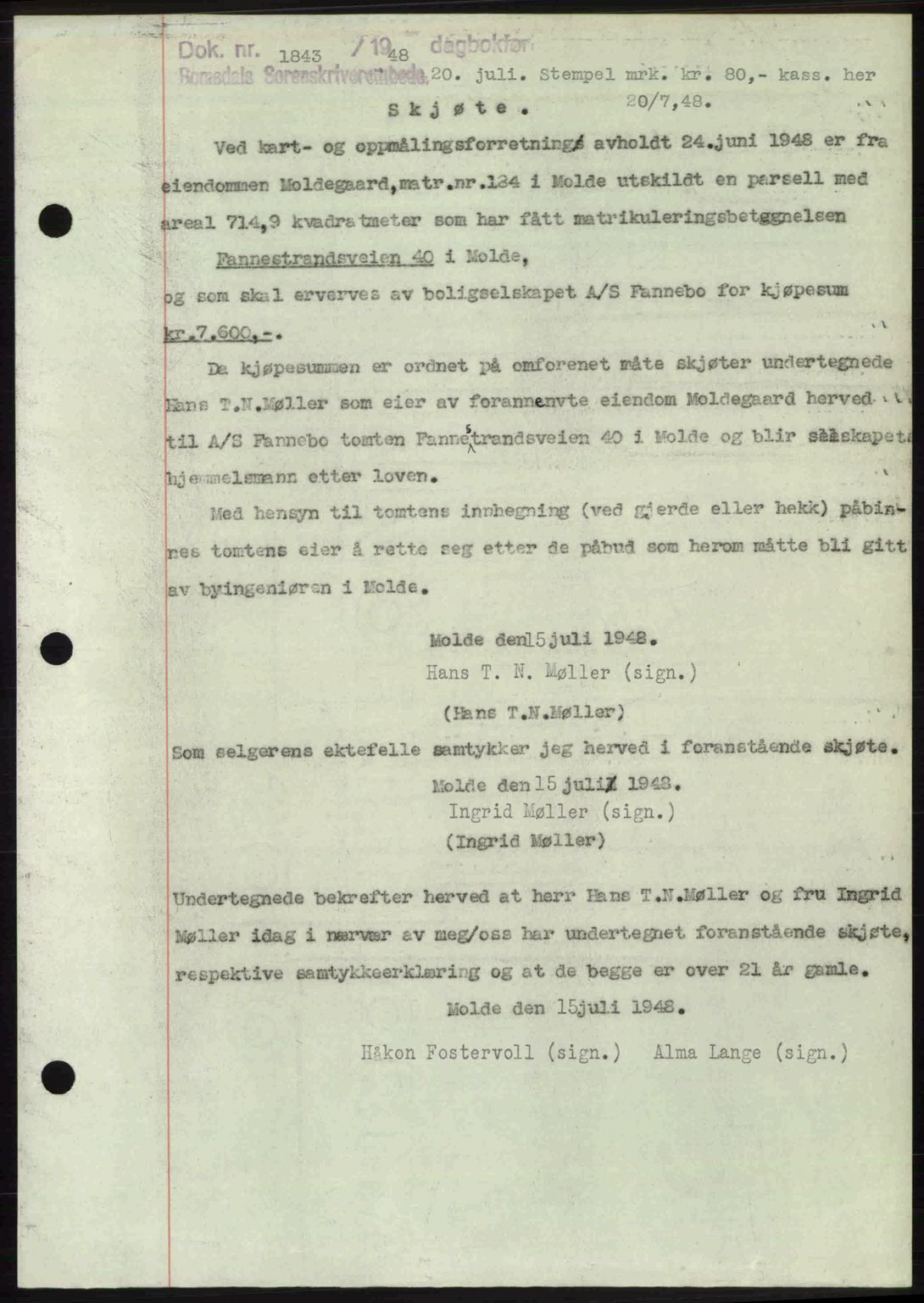 Romsdal sorenskriveri, SAT/A-4149/1/2/2C: Pantebok nr. A26, 1948-1948, Dagboknr: 1843/1948