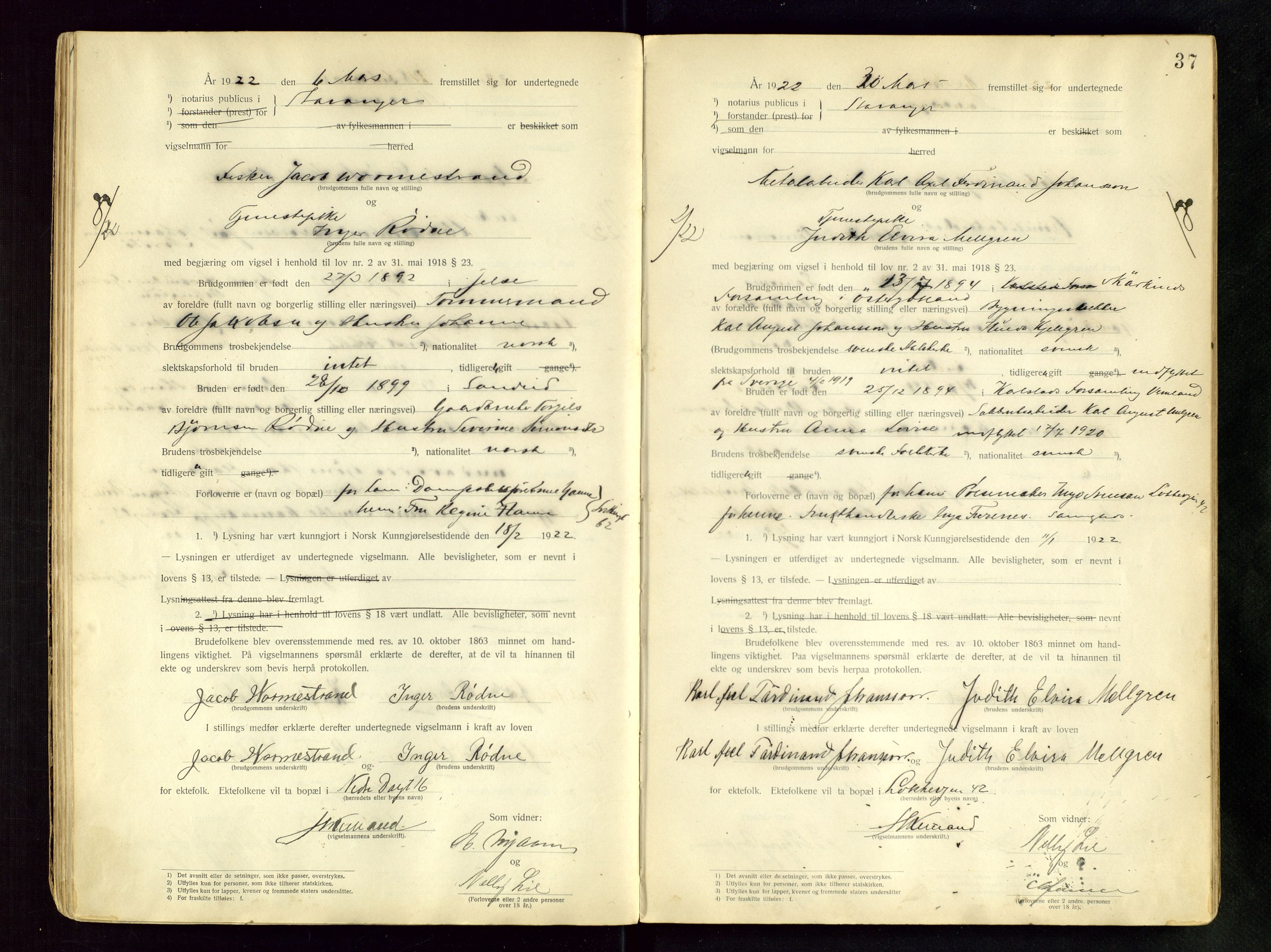 Stavanger byfogd, AV/SAST-A-101408/001/6/62/62BB/L0001: Vigselsprotokoll, 1920-1926, s. 37