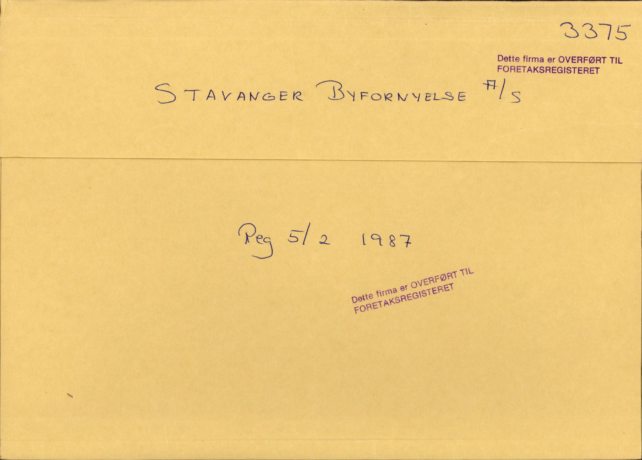 Stavanger byfogd, AV/SAST-A-101408/002/J/Jd/Jde/L0133: Registreringsmeldinger og bilag. Aksjeselskap, 3375-3414, 1987