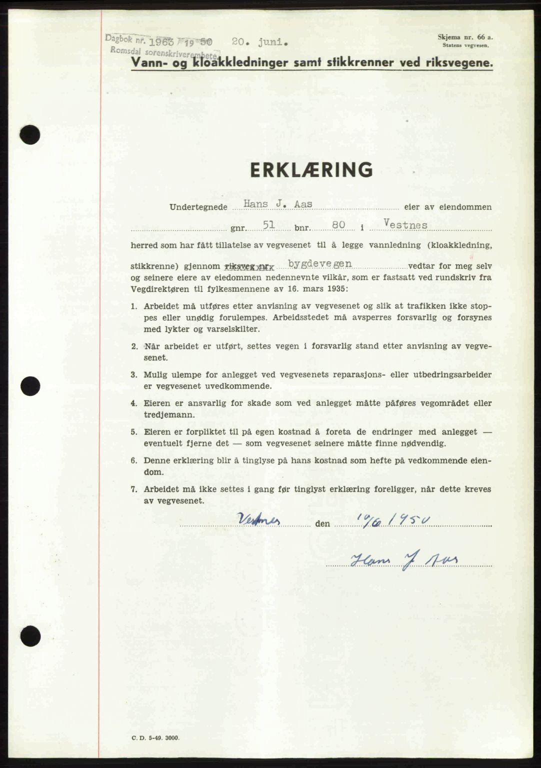 Romsdal sorenskriveri, SAT/A-4149/1/2/2C: Pantebok nr. A33, 1950-1950, Dagboknr: 1963/1950