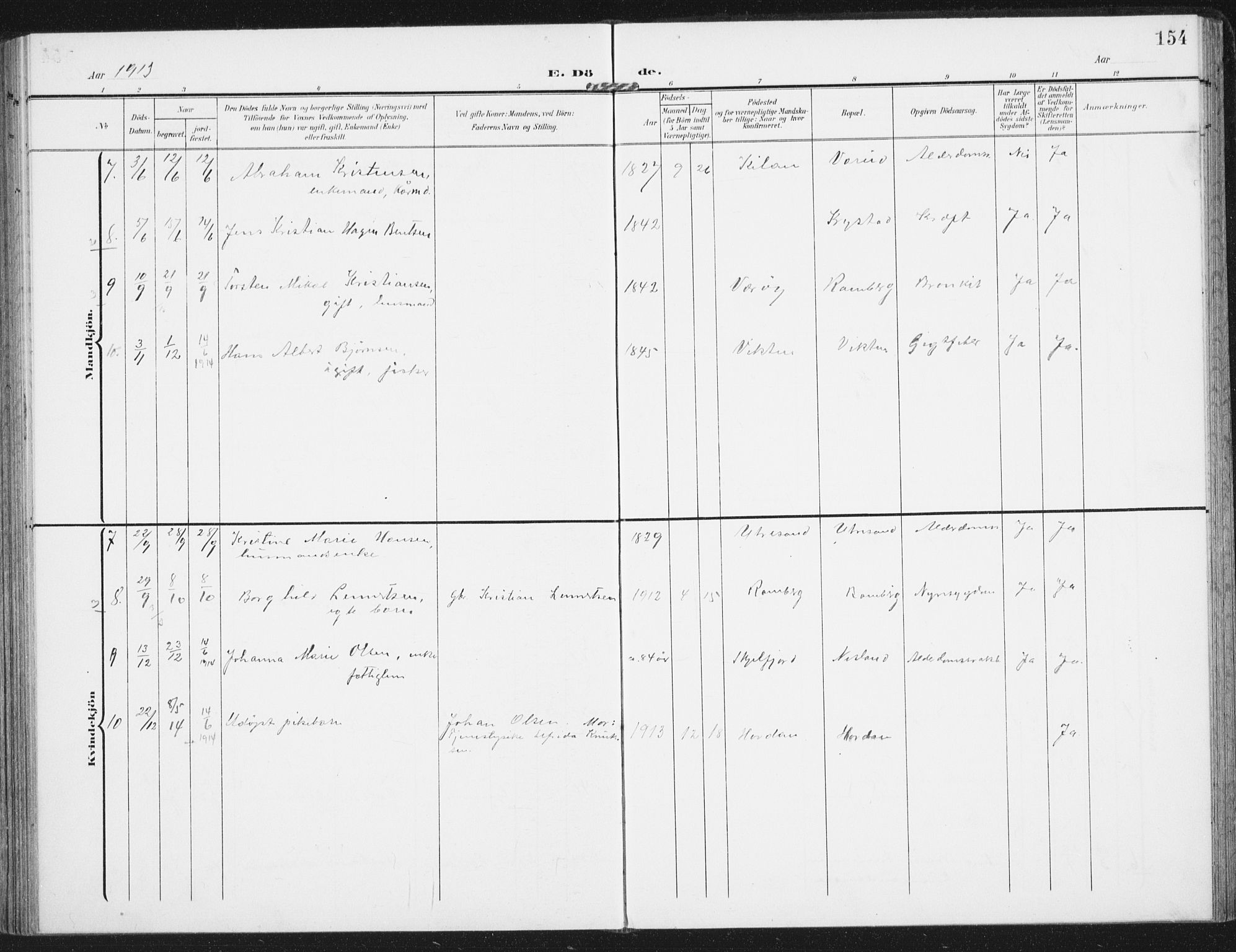 Ministerialprotokoller, klokkerbøker og fødselsregistre - Nordland, AV/SAT-A-1459/885/L1206: Ministerialbok nr. 885A07, 1905-1915, s. 154