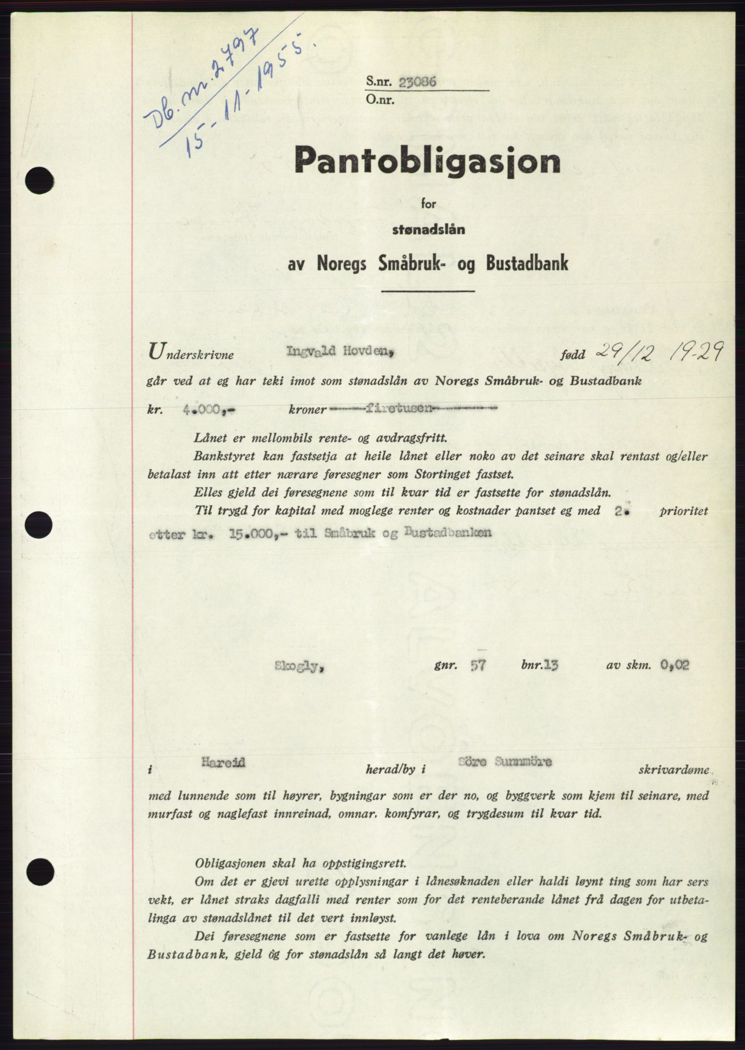 Søre Sunnmøre sorenskriveri, SAT/A-4122/1/2/2C/L0127: Pantebok nr. 15B, 1955-1955, Dagboknr: 2797/1955
