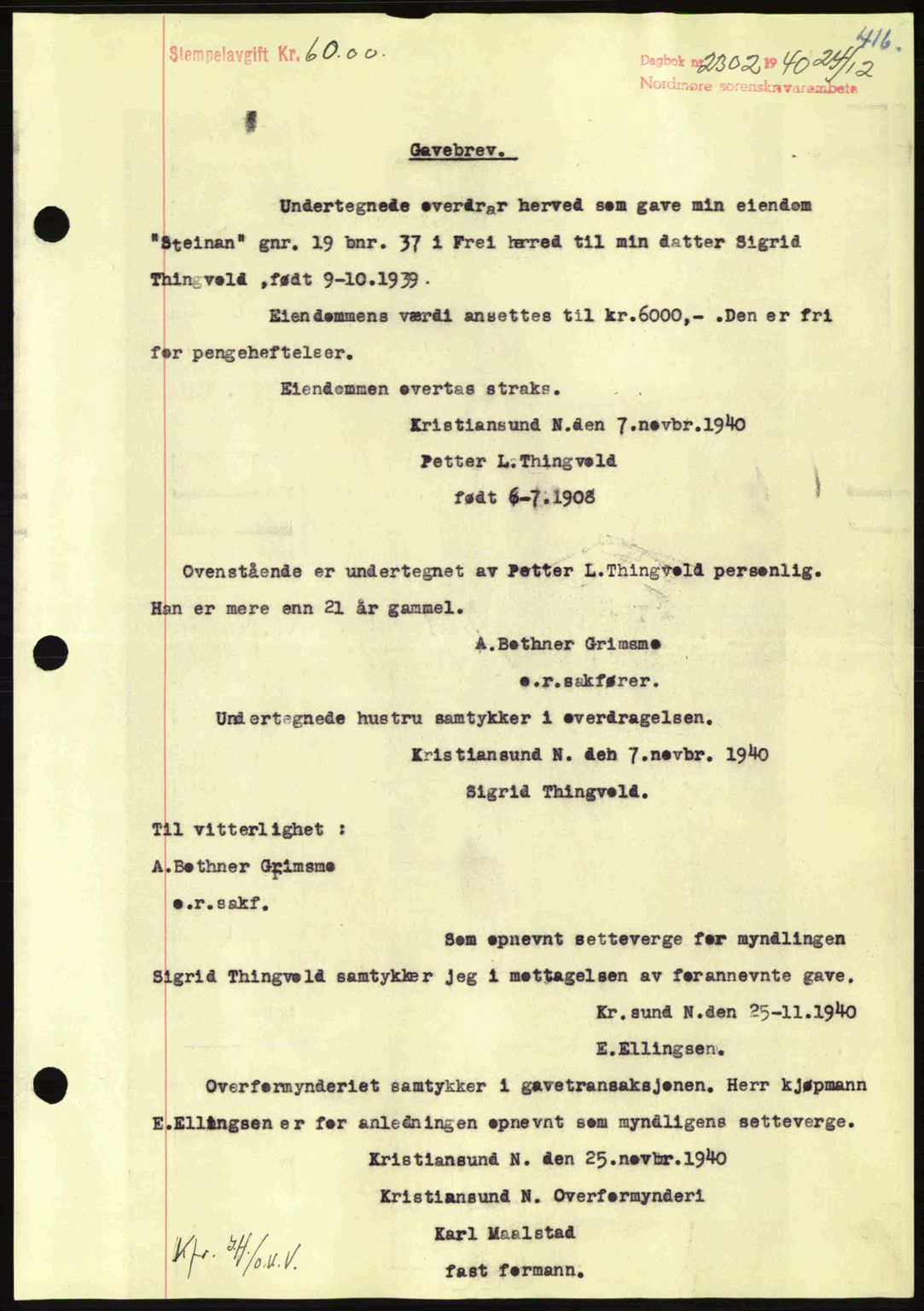 Nordmøre sorenskriveri, SAT/A-4132/1/2/2Ca: Pantebok nr. A89, 1940-1941, Dagboknr: 2302/1940