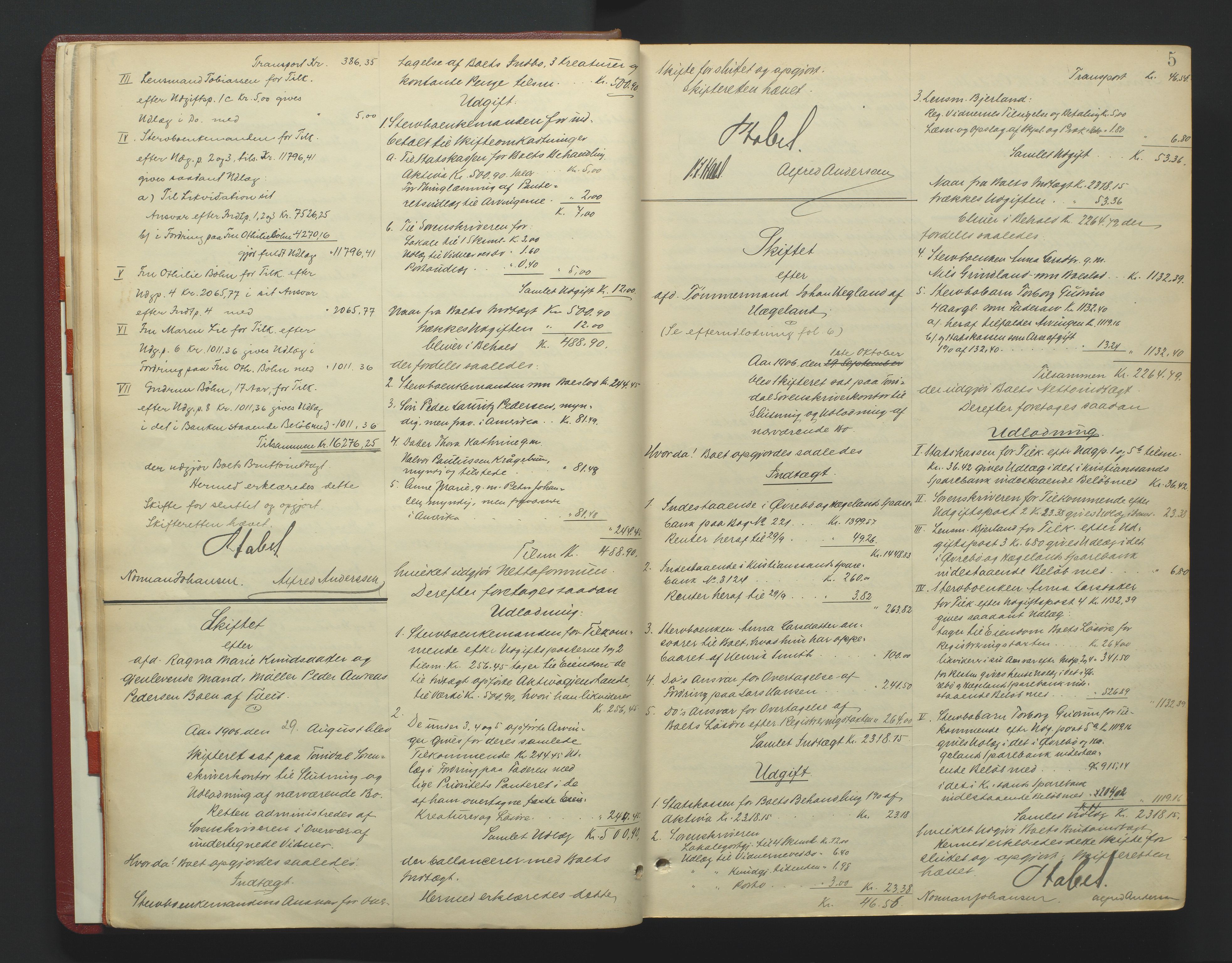 Torridal sorenskriveri, SAK/1221-0012/H/Hc/L0036: Skifteutlodningsprotokoll med navneregister nr. 5, 1906-1918, s. 5