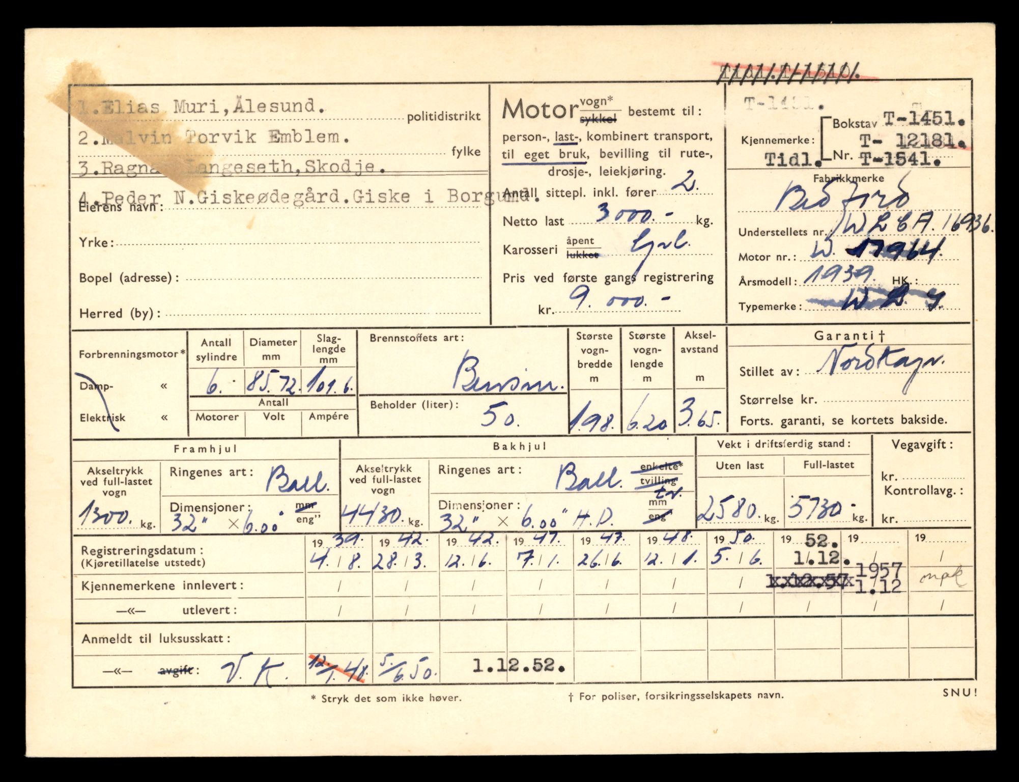 Møre og Romsdal vegkontor - Ålesund trafikkstasjon, SAT/A-4099/F/Fe/L0013: Registreringskort for kjøretøy T 1451 - T 1564, 1927-1998, s. 3