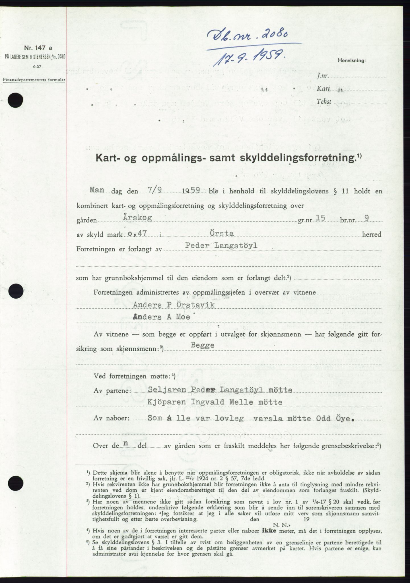 Søre Sunnmøre sorenskriveri, SAT/A-4122/1/2/2C/L0113: Pantebok nr. 39A, 1959-1959, Dagboknr: 2080/1959