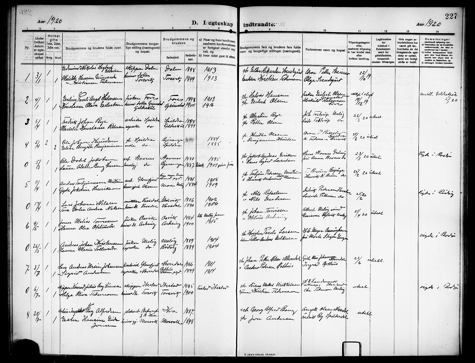 Ministerialprotokoller, klokkerbøker og fødselsregistre - Nordland, SAT/A-1459/843/L0639: Klokkerbok nr. 843C08, 1908-1924, s. 227