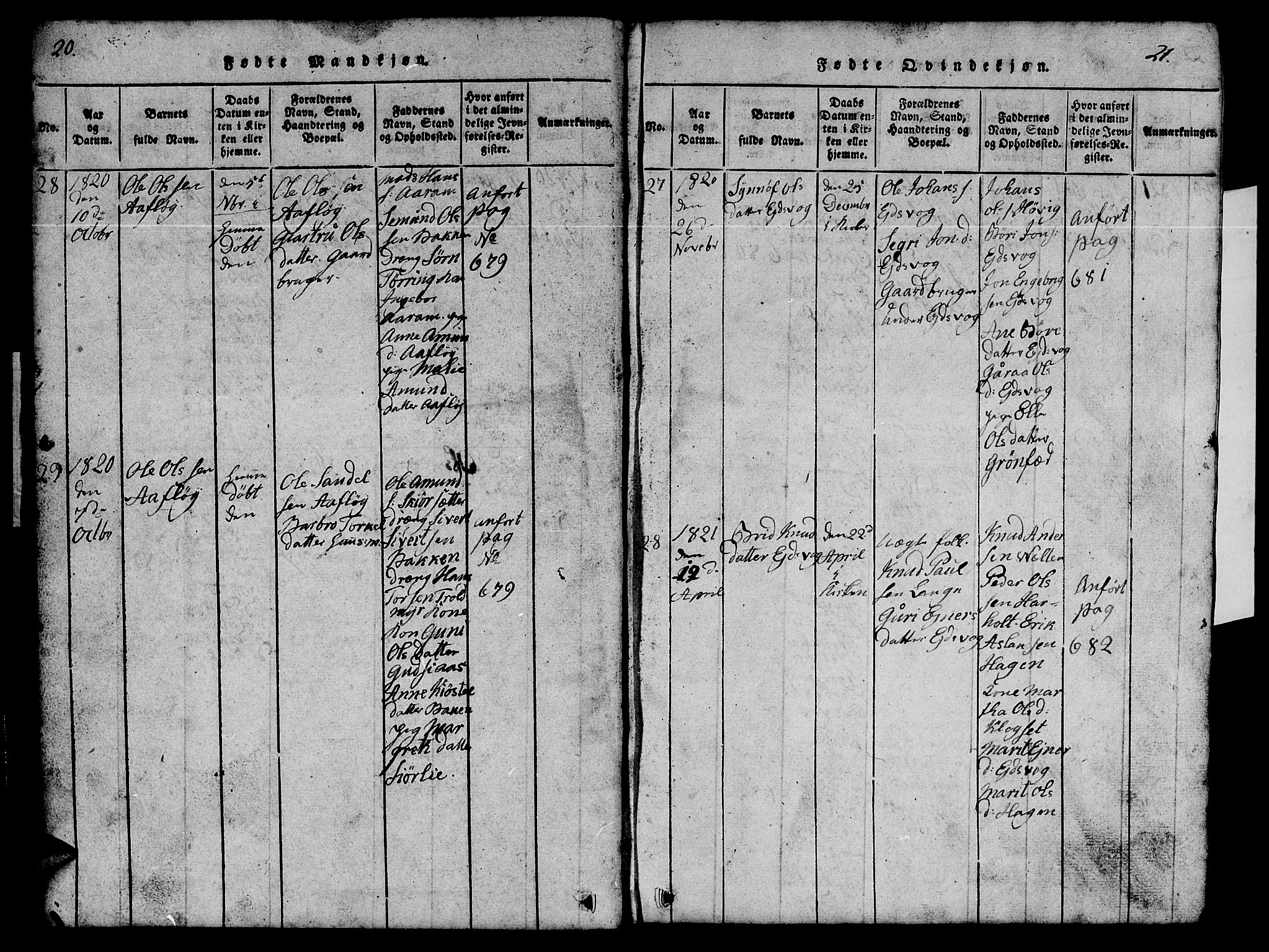 Ministerialprotokoller, klokkerbøker og fødselsregistre - Møre og Romsdal, SAT/A-1454/551/L0629: Klokkerbok nr. 551C01, 1818-1839, s. 20-21